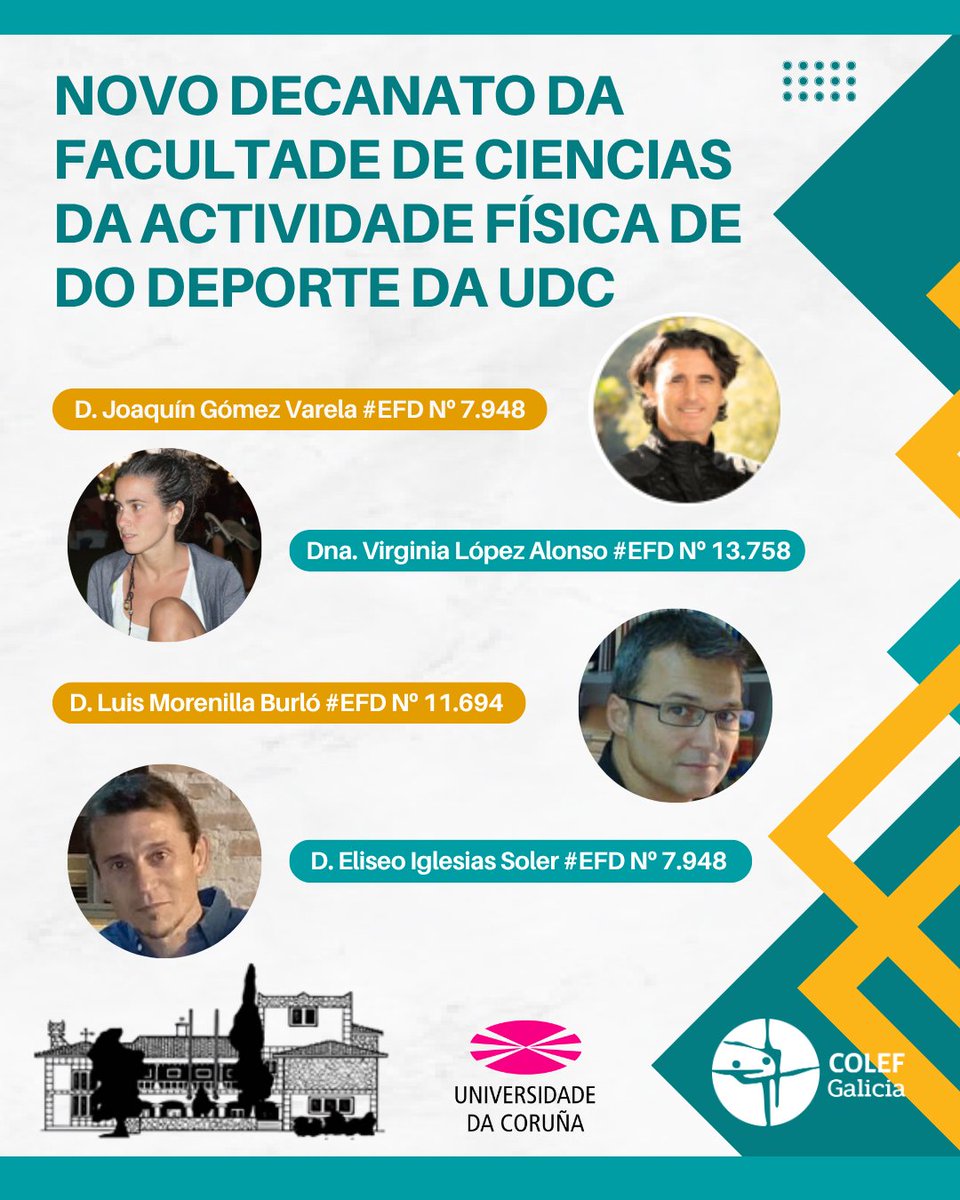 Desde o COLEF Galicia queremos dar os parabéns e os nosos mellores desexos ás persoas colexiadas que forman parte do novo equipo de goberno da Facultade de Ciencias do Deporte e a Educación Física da  Universidade da Coruña.
Grazas polo voso compromiso coa profesión.
