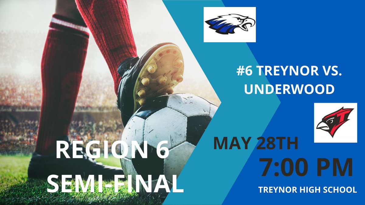 Treynor_soccer's tweet photo. Regional semi-final tonight at HOME against Underwood. 7pm. Be there @TreynorNation !
Tickets can be purchased here:
https://t.co/z58UMr7eHt
#TreynorCardinals
#thetreynorway
#treynorness
#TeamAlways
#rollcards
#parkinglot https://t.co/hcmTvWDXlj