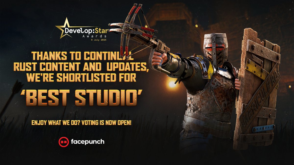 ⏰ Just under 48 more hours to go until voting closes for the #DevelopStarAwards!

We're very thankful to have been shortlisted for 'Best Studio' after all the milestones we've achieved on Rust in the last year.

If you like what we do, check your emails and vote!