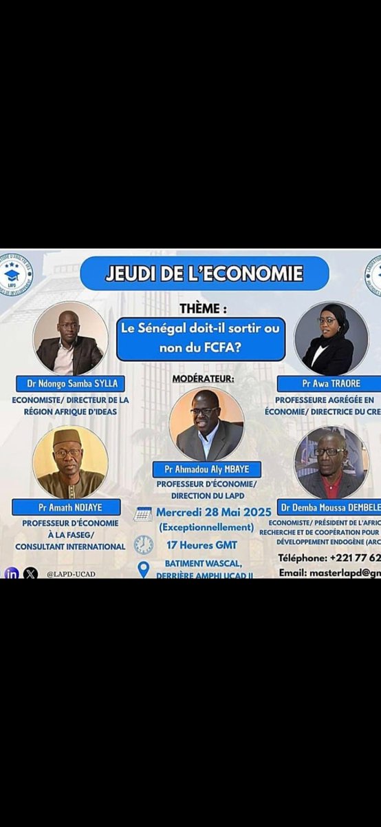 Aujourd'hui (mercredi), je serai à l'UCAD pour prendre part à un débat sur le #franc CFA. Le lien zoom peut être trouvé ci-dessous.
us06web.zoom.us/j/89975557708?…