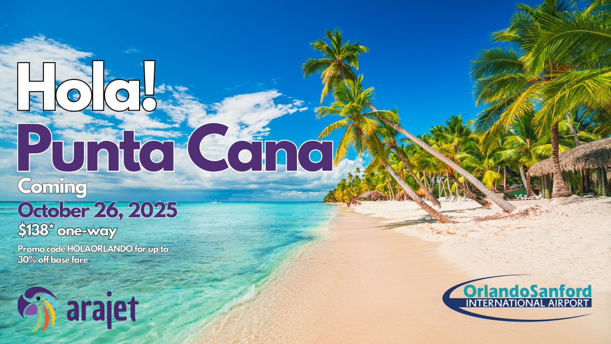 Nonstop to Punta Cana from Orlando-Sanford

Arajet launches new service from SFB starting Oct 26, 2025.

• Fares from $138
• Tues, Fri, Sun flights
• Use code HOLAORLANDO for up to 30% off

Book now: arajet.com
#FlySFB #PuntaCana #Arajet #CaribbeanTravel