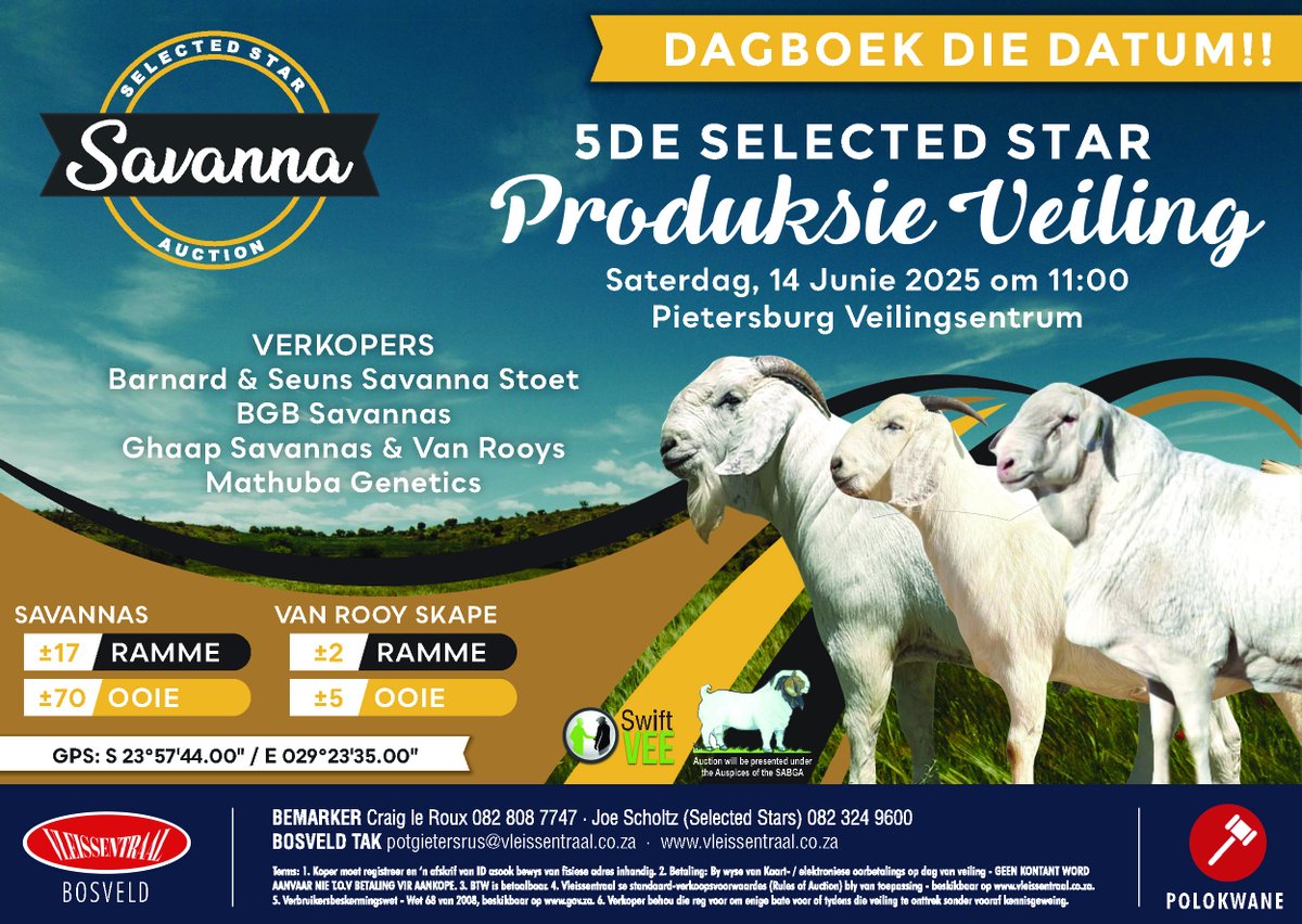 Die 5de Selected Star-produksieveiling bied 87 Savanna-bokke en 7 Van Rooy-skape van 4 verskillende verkopers aan. Die goue geleentheid vind op 14 Junie om 11:00 by Pietersburg Veilingsentrum plaas. Kontak Craig le Roux by 082 808 7747 of Joe Sholtz by 082 324 vir meer inligting.