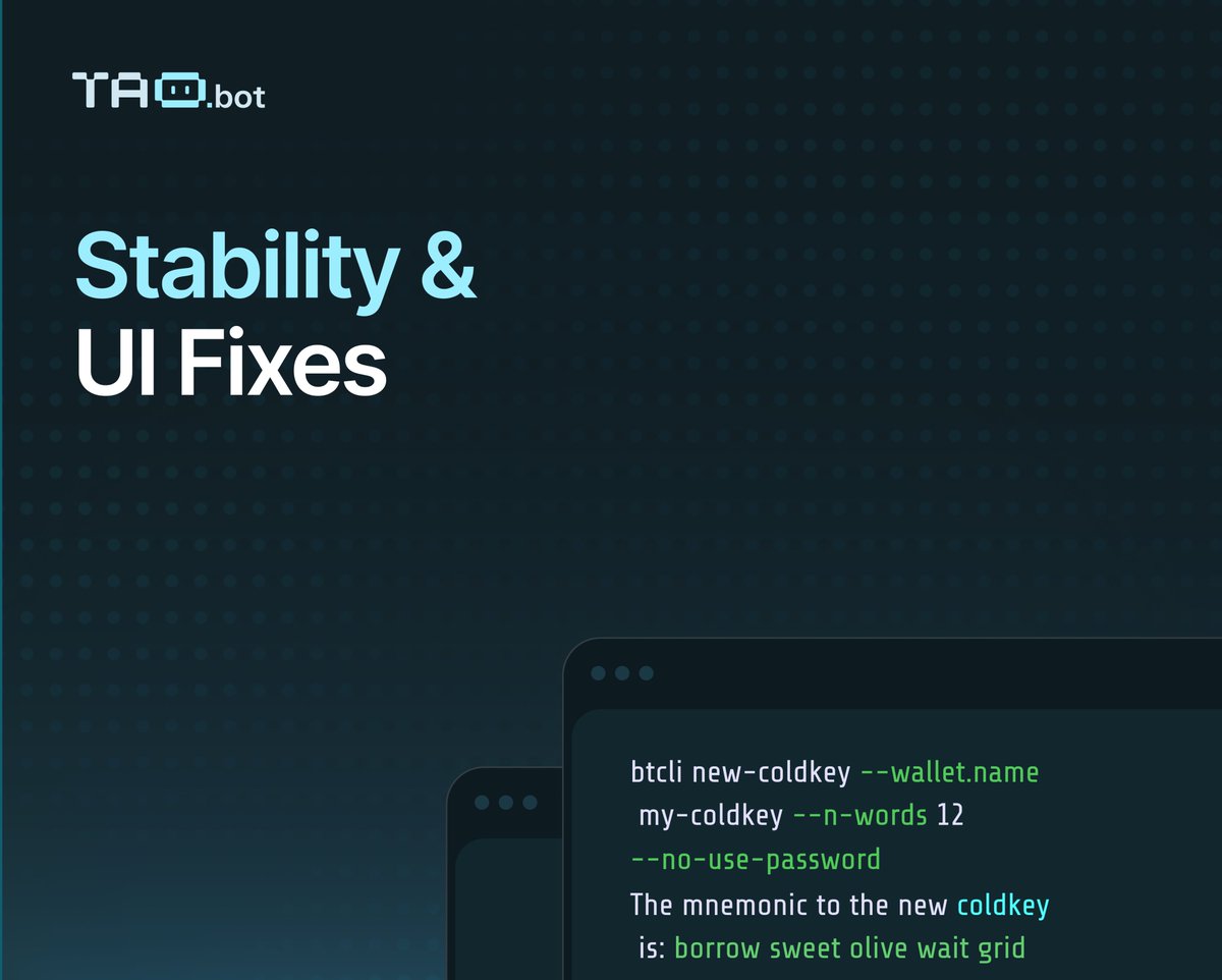 taodotbot's tweet image. 🛠️ Quick Platform Update: Stability &amp;amp; UI Fixes

We&apos;ve just released an update following our Native TAO integration:
- Subnet value calculation adjusted
- Fixed pending transaction timing bug—more stable transactions
- Clearer messaging on recurring (TWAP) trades, improving order…