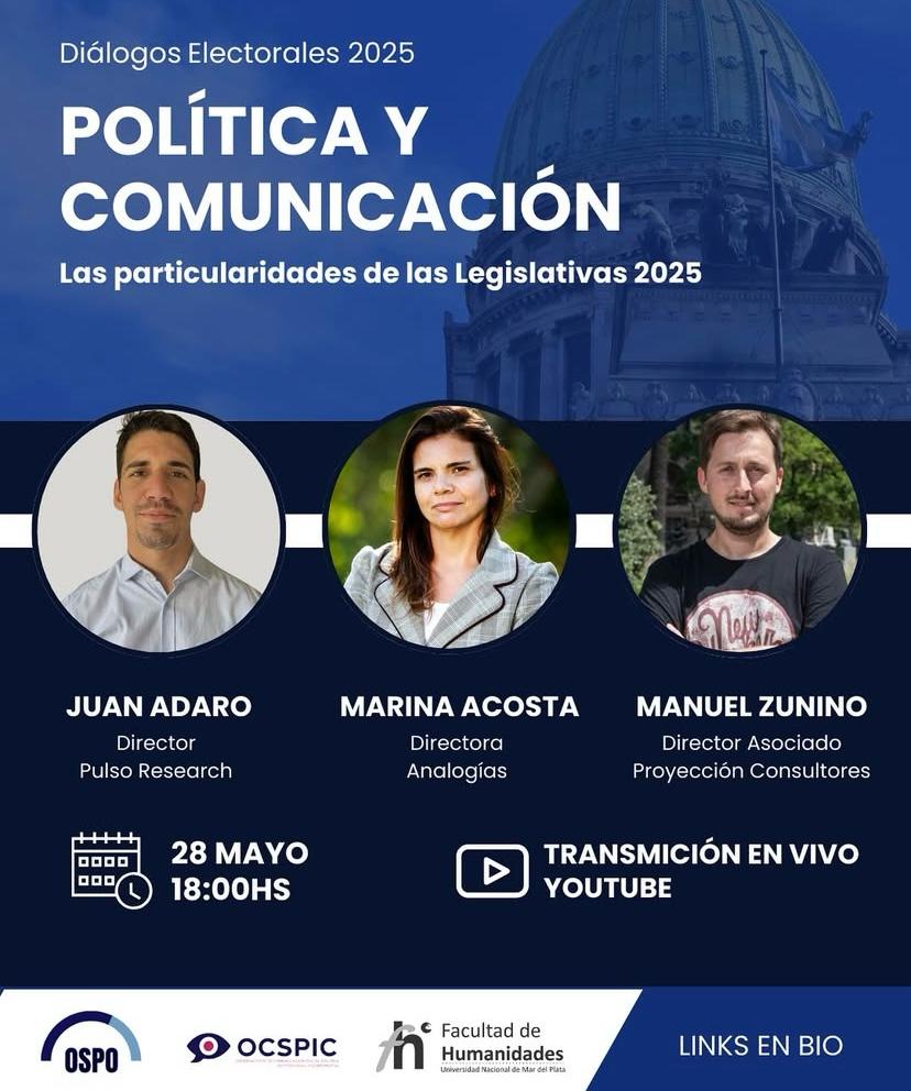 Pulso Research (@pulsoresearch) on Twitter photo Hoy en el conversatorio que organiza la Universidad de Mar del Plata <a href="/navyacosta/">Marina Acosta</a>, <a href="/Zunino_Manu/">Manuel Zunino</a> y <a href="/juan_adaro/">Juan Adaro</a> estarán hablando sobre las particularidades de este año electoral que estamos transitando. Será a las 18 hs por YouTube.
Link: youtube.com/watch?v=v0Xw3a… Hoy en el conversatorio que organiza la Universidad de Mar del Plata <a href="/navyacosta/">Marina Acosta</a>, <a href="/Zunino_Manu/">Manuel Zunino</a> y <a href="/juan_adaro/">Juan Adaro</a> estarán hablando sobre las particularidades de este año electoral que estamos transitando. Será a las 18 hs por YouTube.
Link: youtube.com/watch?v=v0Xw3a…