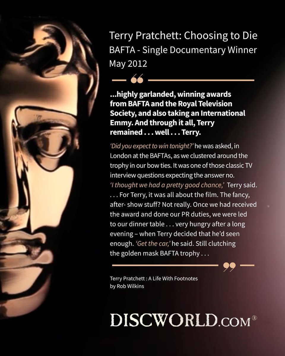 Discworld_com's tweet image. 🎉A day late but never forgotten! On May 27, 2012, 🎥 Terry Pratchett: Choosing to Die won the BAFTA for Single Documentary, a powerful testament to Terry’s fearless storytelling. As Rob Wilkins writes in 📖 Terry Pratchett: A Life With Footnotes:
“The programme was debated in…
