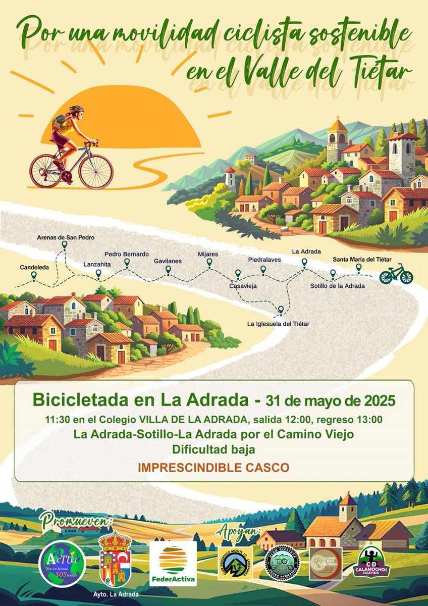 El desarrollo del #cicloturismo y la movilidad cotidiana en bici fuera de las ciudades, avanza y cuenta con movilizaciones populares como esta en el Valle del Tietar
¡¡Planazo para este sábado!!
🚴‍♂️🚴‍♂️🚴‍♂️🚴‍♂️🚴‍♀️🚴‍♂️🚴‍♀️🚴‍♂️🚴‍♀️🚴‍♀️
🗓 31.05
⏰️11:30
📍La Adrada