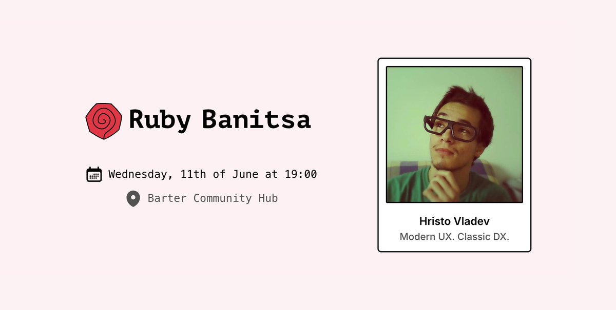 rubybanitsa's tweet image. Welcome to the next episode of Ruby Banitsa
Modern UX on the menu, with a classic touch to make
Inertia JS keeps it moving, no reloads in sight
Rails delivers that comfort, everything feels right
June 11th
Barter Community Hub
Come even
Някой друг път
Whatever, just come!