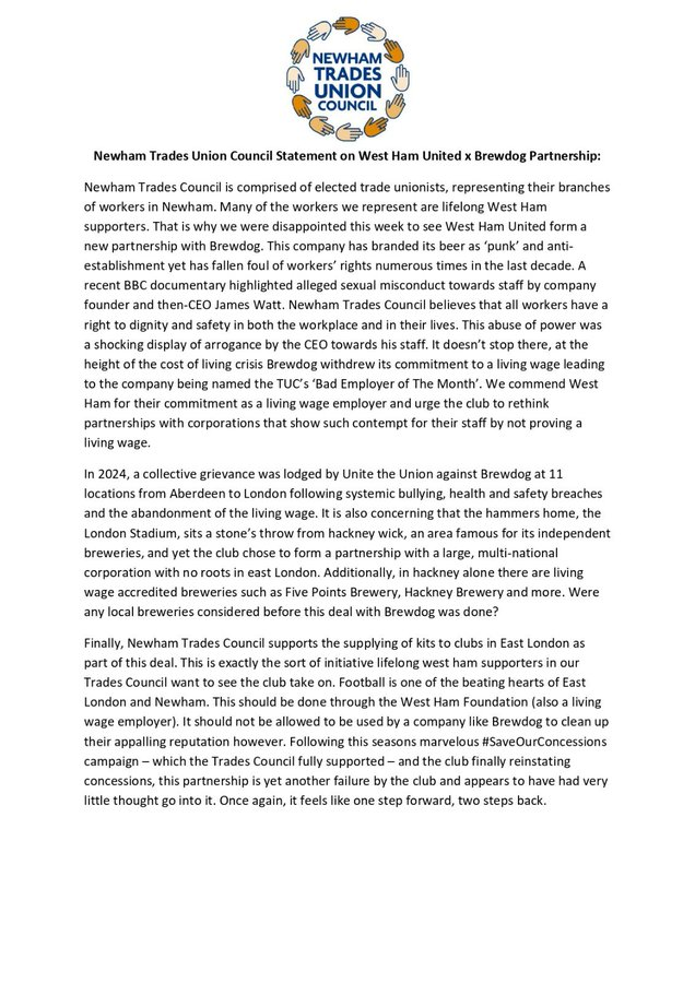 COYIronscom's tweet photo. Newham Trades Union Council have issued the following statement on the West Ham x Brewdog partnership news announced today 👇⚒️ https://t.co/uIfJ1SRPr0