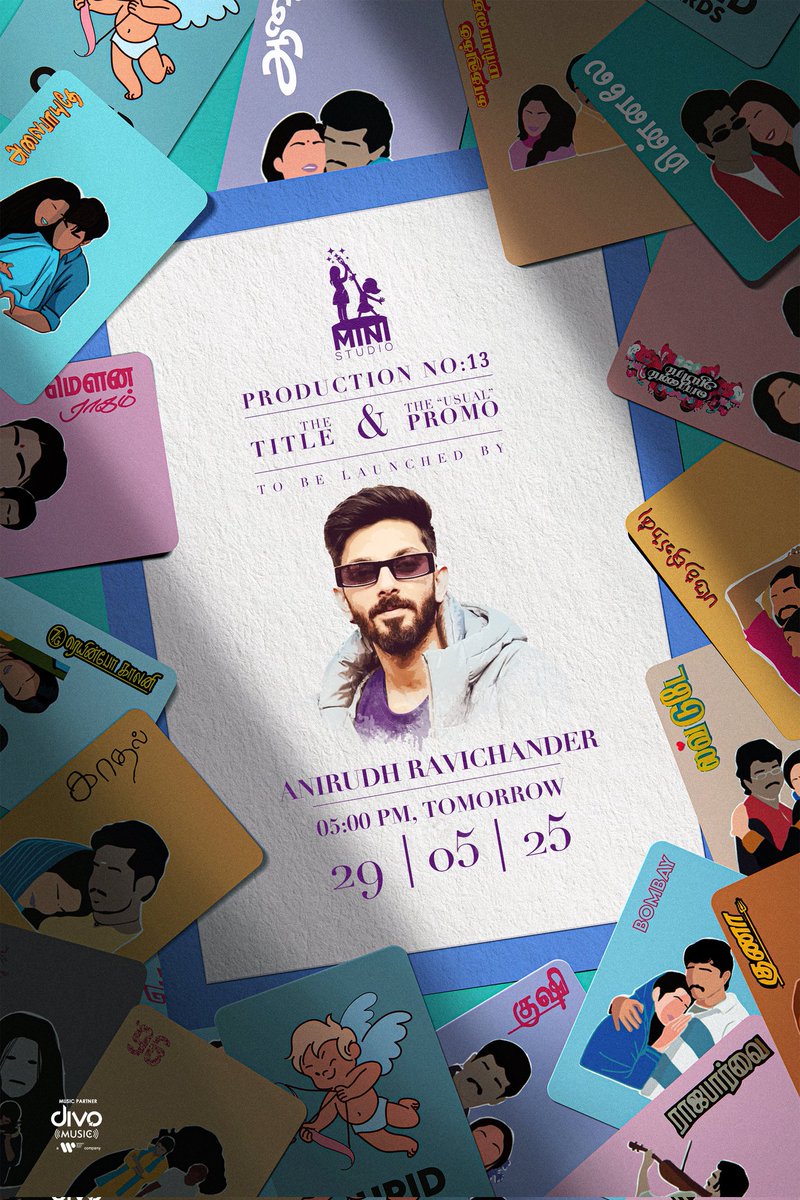 Divo (@divomovies) on Twitter photo The one and only Rockstar <a href="/anirudhofficial/">Anirudh Ravichander</a> will reveal the Title and The “Usual” Promo of Mini Studio’s Production No.13 tomorrow, 29th May at 5 PM! Don't miss it!
<a href="/kishendas/">Kishen Das</a> #HarshathKhan <a href="/SarangThiagu/">sarang thiagu</a> <a href="/ShivathmikaR/">Shivathmika Rajashekar</a> <a href="/ministudiosllp/">Mini Studios LLP</a> <a href="/vinod_offl/">Vinod Kumar</a> The one and only Rockstar <a href="/anirudhofficial/">Anirudh Ravichander</a> will reveal the Title and The “Usual” Promo of Mini Studio’s Production No.13 tomorrow, 29th May at 5 PM! Don't miss it!
<a href="/kishendas/">Kishen Das</a> #HarshathKhan <a href="/SarangThiagu/">sarang thiagu</a> <a href="/ShivathmikaR/">Shivathmika Rajashekar</a> <a href="/ministudiosllp/">Mini Studios LLP</a> <a href="/vinod_offl/">Vinod Kumar</a>