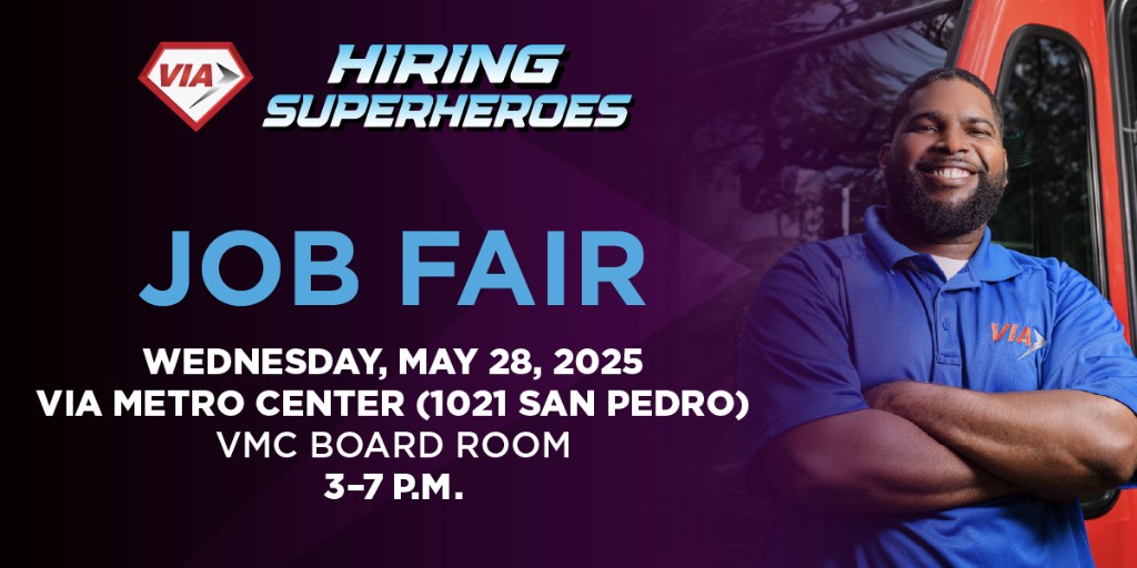 🚨 TODAY'S THE DAY! 🚨 Don't miss our Job Fair TODAY, May 28, from 3-7 p.m. at VIA Metro Center (1021 San Pedro Ave)! 

💼 Meet our team, explore exciting opportunities, and learn about our great benefits. Free parking available! Bring your resume and drive your career forward