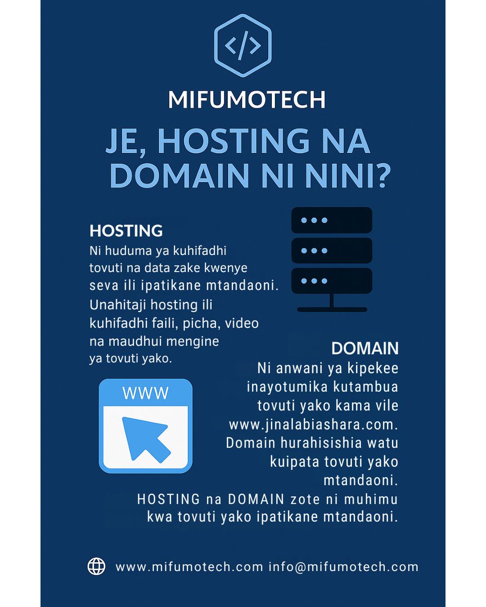 🎉 Karibu Mifumotech! 🌍

📢 Huduma tunazotoa:
✅ Hosting 
✅ Usajili wa Domain
✅ Utengenezaji wa Mifumo na tovuti
✅ Utengenezaji wa App za Simu 
✅ Huduma za Data Analytics 
✅ Bulk SMS

🌐 Tembelea: mifumotech.com
📧 Barua pepe: info@mifumotech.com
📞