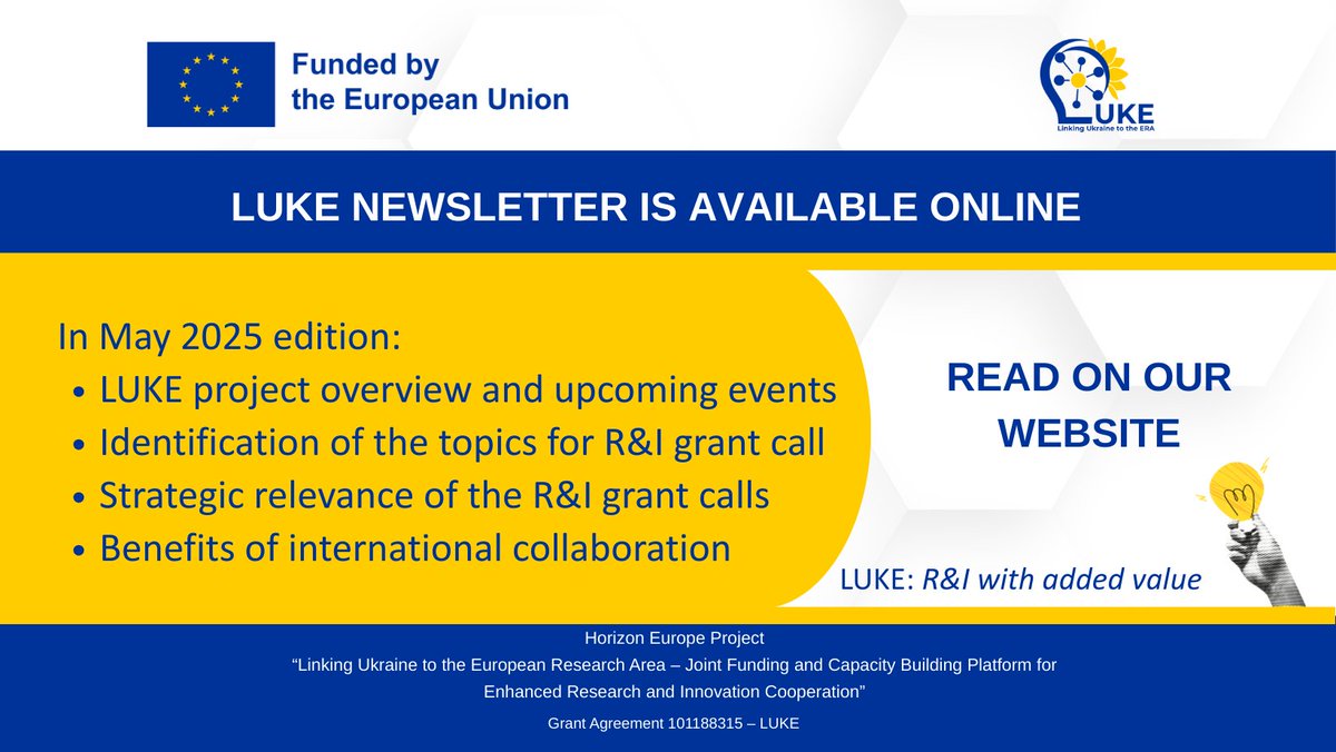 📢 Exciting News! Horizon Europe project LUKE is releasing the first newsletter 🌍

🔗 Read the full newsletter here: horizon-europe.org.ua/en/luke/newsle…

#LUKE4ResearchAndInnovation #RandI4AddedValue #HEUprojectLUKE