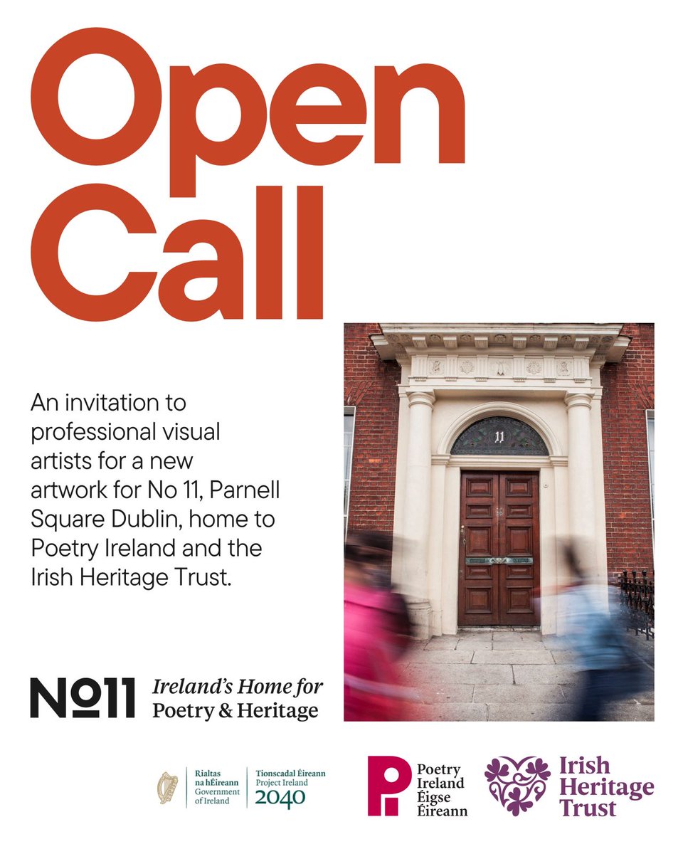 Poetry Ireland (@poetryireland) on Twitter photo 🚨REMINDER: Per Cent For Art Commission Open Call closes this Friday!
An open call invitation for a new artwork for No. 11, Parnell Square Dublin, home to Poetry Ireland and the <a href="/IrHeritageTrust/">Irish Heritage Trust</a>
✅ See Full Brief & Apply: poetryireland.ie/news/open-call…
<a href="/DeptHousingIRL/">Department of Housing, Local Government & Heritage</a> <a href="/DeptCultureIRL/">Tourism-Culture-Arts-Gaeltacht-Sport-Media</a> 🚨REMINDER: Per Cent For Art Commission Open Call closes this Friday!
An open call invitation for a new artwork for No. 11, Parnell Square Dublin, home to Poetry Ireland and the <a href="/IrHeritageTrust/">Irish Heritage Trust</a>
✅ See Full Brief & Apply: poetryireland.ie/news/open-call…
<a href="/DeptHousingIRL/">Department of Housing, Local Government & Heritage</a> <a href="/DeptCultureIRL/">Tourism-Culture-Arts-Gaeltacht-Sport-Media</a>