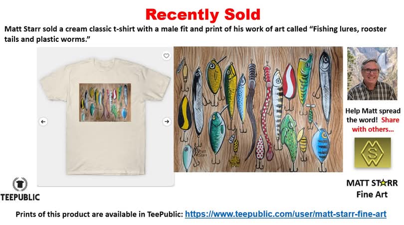 MattStarrFineA1's tweet photo. I recently sold a cream classic t-shirt with a print of my work of art called “Fishing lures, rooster tails and plastic worms”. https://t.co/ViA7RjqyO5
#mattstarrfineart #fish #fishing #lure #lures #fishinglure #roostertail #bait #hook #angler #plasticworm #bass #catfish https://t.co/xDLA9gQh2e