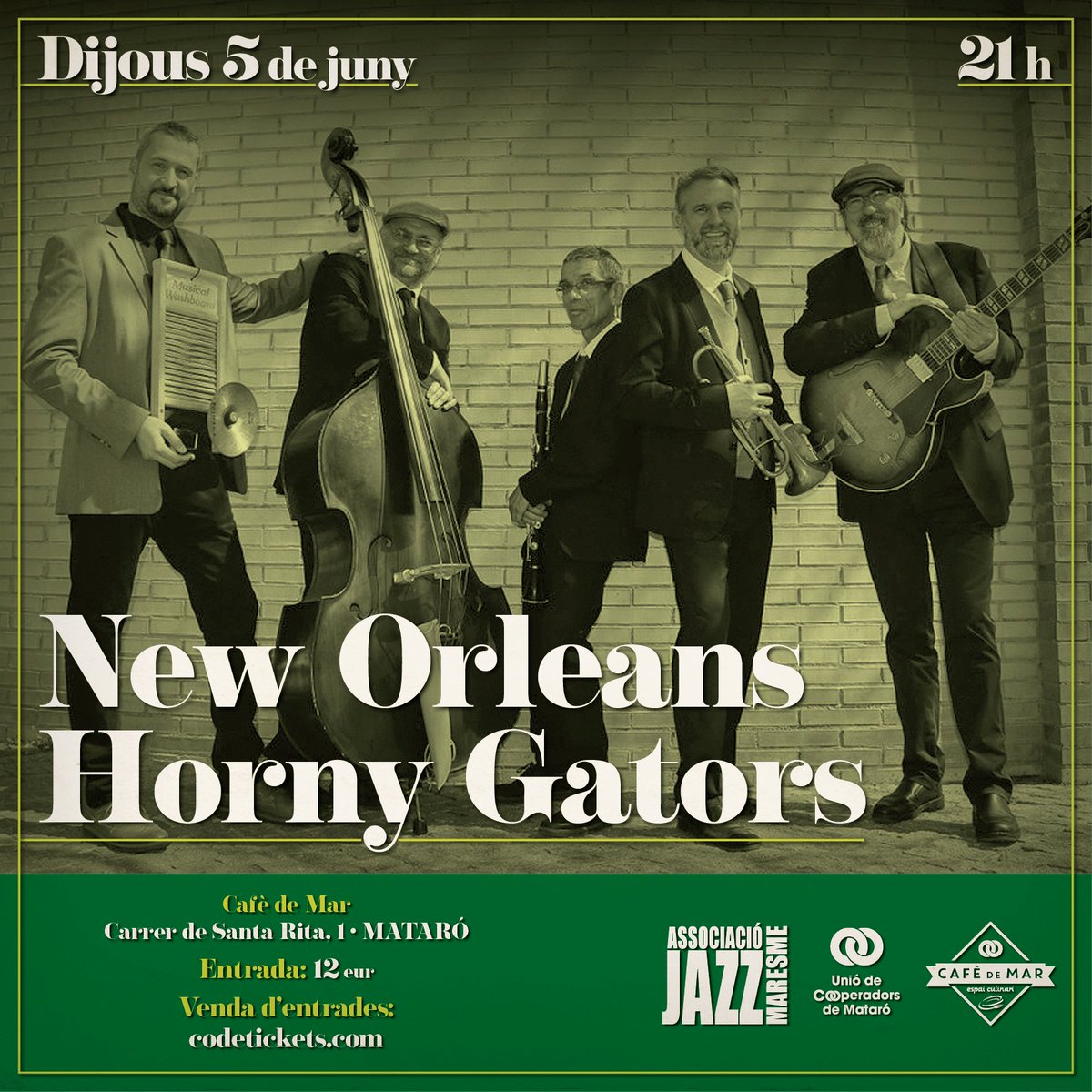 🎺 New Orleans Horny Gators
🗓️ Dijous 5 de juny 🕒 21 h
📍 Cafè de Mar

🎟️ Preu entrada: 12 euros
🖥️ L'enllaç per a poder comprar les entrades:
entradas.codetickets.com/entradas/new-o…

Banda fresca i divertida, com la beguda típica de Nova Orleans (Horny Gator) que dona nom a la banda.