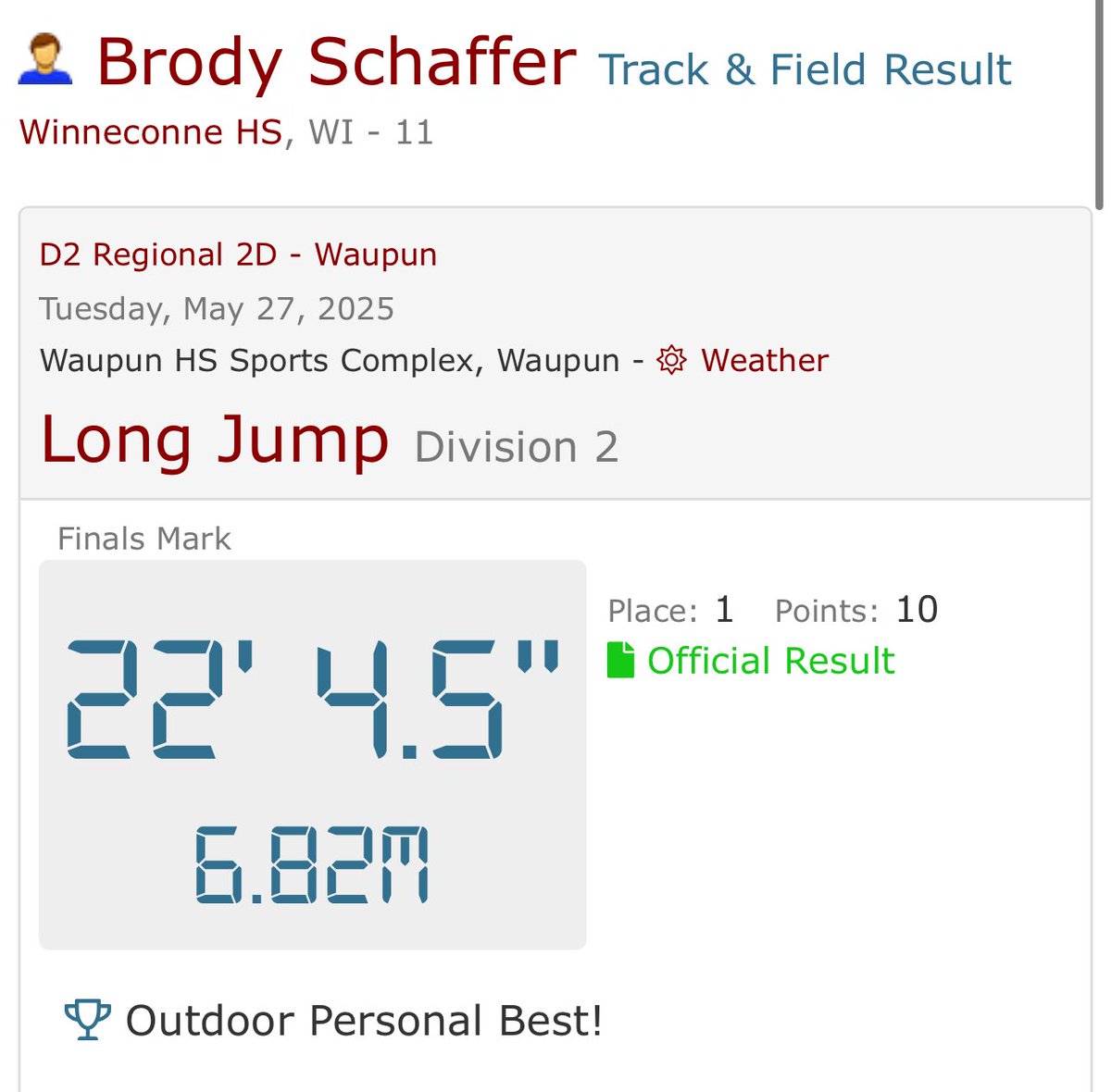 BrodySchaffer3's tweet photo. School record of 22’ 4.50” in long jump last night at our regional meet! Grateful for every opportunity 💯 @MJ_NFLDraft @OJW_Scouting @PrepRedzoneWI @NWahlScouting @CoachBudmayr @RhettSmeins @CoachTimLester @Spauldingiowa @CoachKrueger3 @CoachSchrenk @WinneconneFB @MikeRoach247 @lane_sobieski @TylerBarnesIOWA @Jack_Degen9354 @CoachDez03 @BlairASanderson