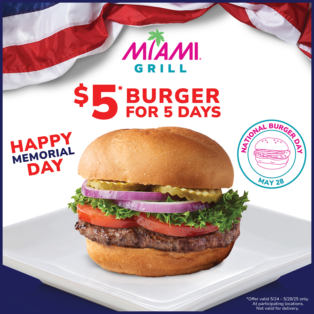 🇺🇸 Celebrate Memorial Day &amp; National Burger Day with a deal that’s too good to miss! 🍔 
Get a $5 Burger for 5 Days* — only at Miami Grill!
#MiamiGrill #NationalBurgerDay #MemorialDayEats