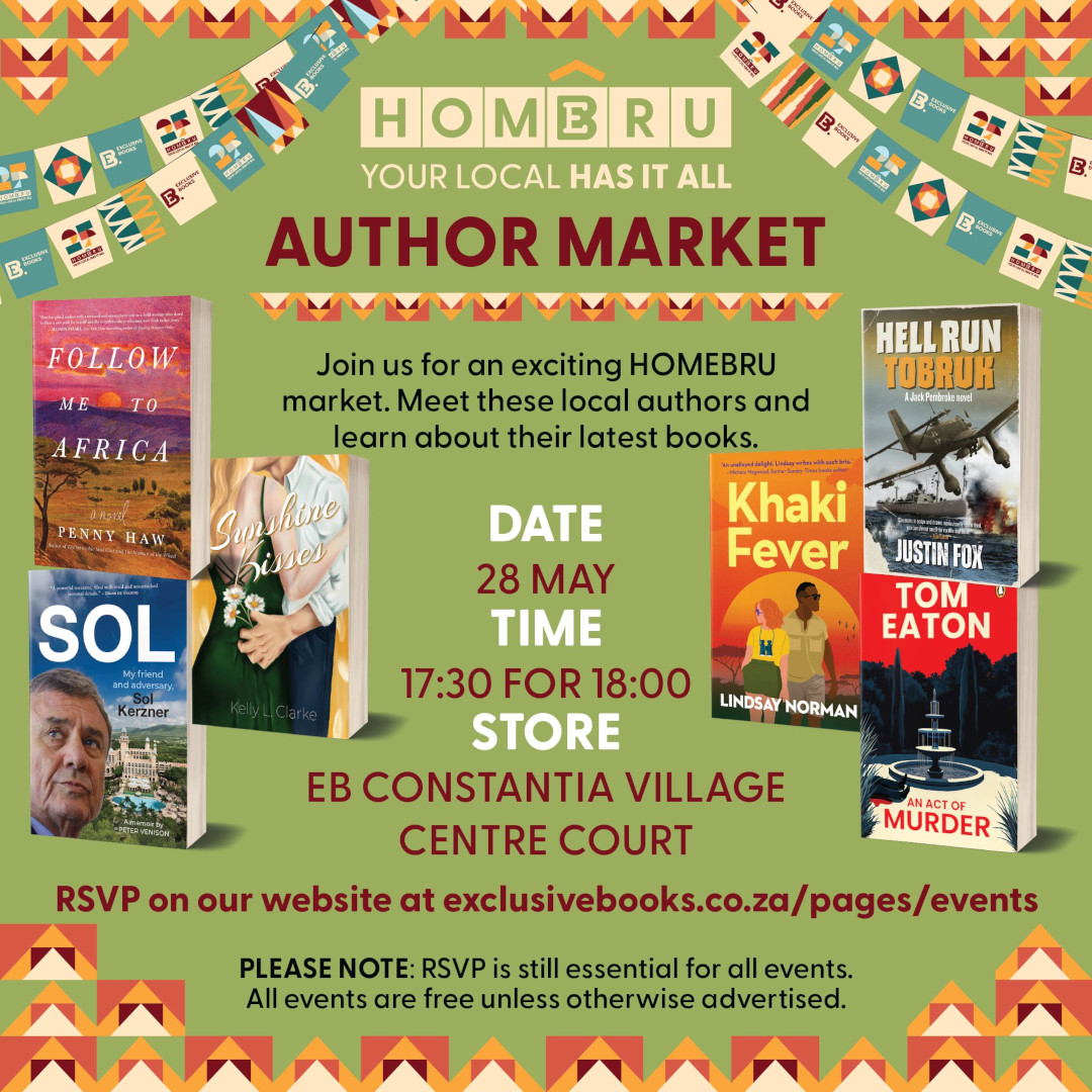 Local books, lekker food, and great company! 

Join some of our authors like <a href="/PennyHaw/">Penny Haw</a> + <a href="/TomEatonSA/">Tom Eaton</a> at the HOMEBRU Market at <a href="/ExclusiveBooks/">Exclusive Books</a> Constantia Village TONIGHT! 

Come chat about books, enjoy delicious bites, and soak up the vibe.

17:30 for 18:00
RSVP here: