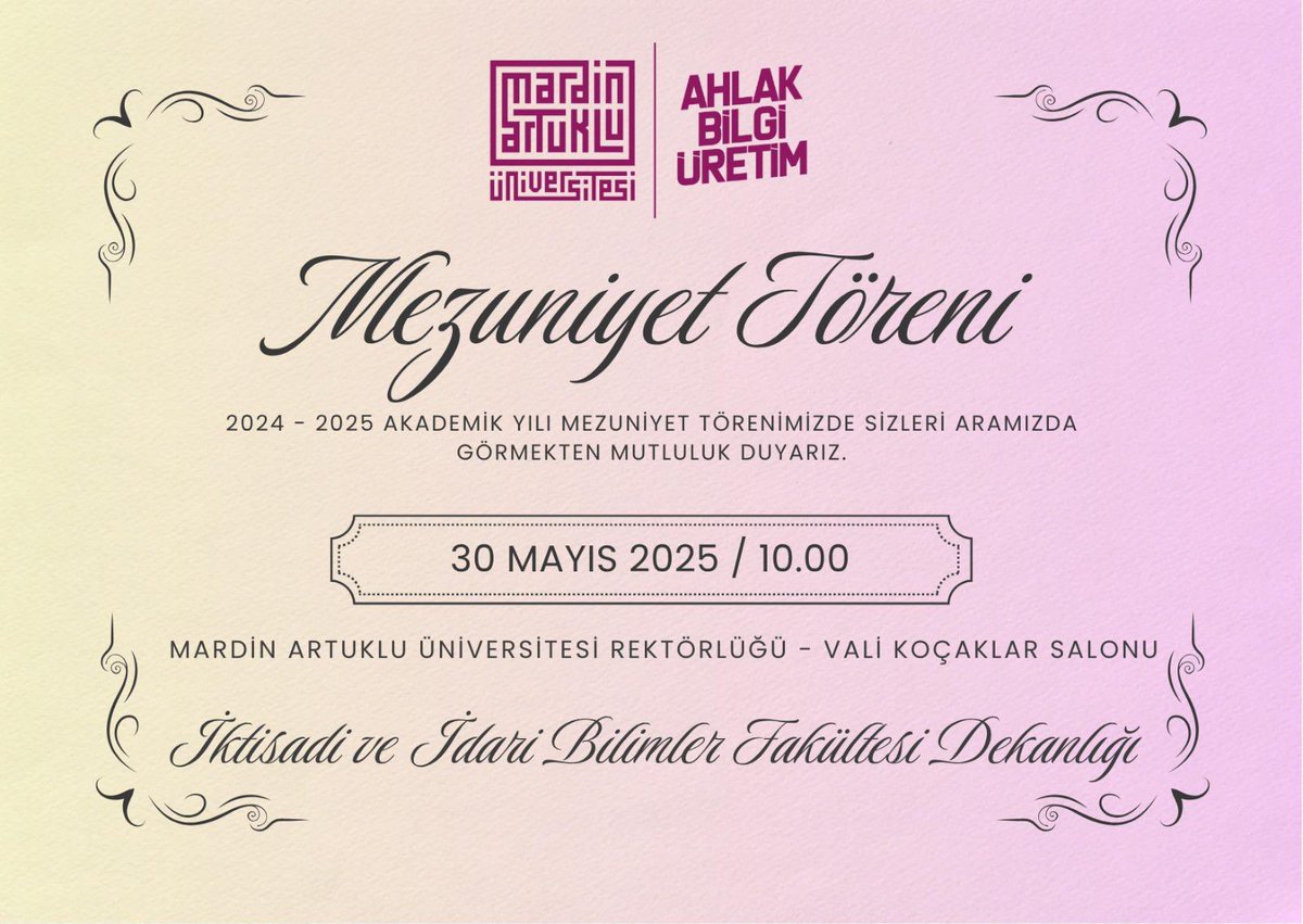 MAÜ İİBF (@mau_iibf) on Twitter photo 🎓 Fakültemiz Mezuniyet Coşkusu 🎓
2024–2025 Akademik Yılı mezuniyet törenimize sizleri de bekliyoruz!
📅 30 Mayıs 2025
🕙 10:00
📍 Mardin Artuklu Üniversitesi Rektörlüğü – Vali Koçaklar Salonu
#Mezuniyet2025 #MAÜ #İİBF #GururGünü
<a href="/mardinartuklu/">Mardin Artuklu Üniversitesi</a>
<a href="/ylmazdemirhan/">Yılmaz Demirhan</a>
<a href="/SbuiArtuklu/">MAÜ Siyaset Bilimi ve Uluslararası İlişkiler</a> 🎓 Fakültemiz Mezuniyet Coşkusu 🎓
2024–2025 Akademik Yılı mezuniyet törenimize sizleri de bekliyoruz!
📅 30 Mayıs 2025
🕙 10:00
📍 Mardin Artuklu Üniversitesi Rektörlüğü – Vali Koçaklar Salonu
#Mezuniyet2025 #MAÜ #İİBF #GururGünü
<a href="/mardinartuklu/">Mardin Artuklu Üniversitesi</a>
<a href="/ylmazdemirhan/">Yılmaz Demirhan</a>
<a href="/SbuiArtuklu/">MAÜ Siyaset Bilimi ve Uluslararası İlişkiler</a>