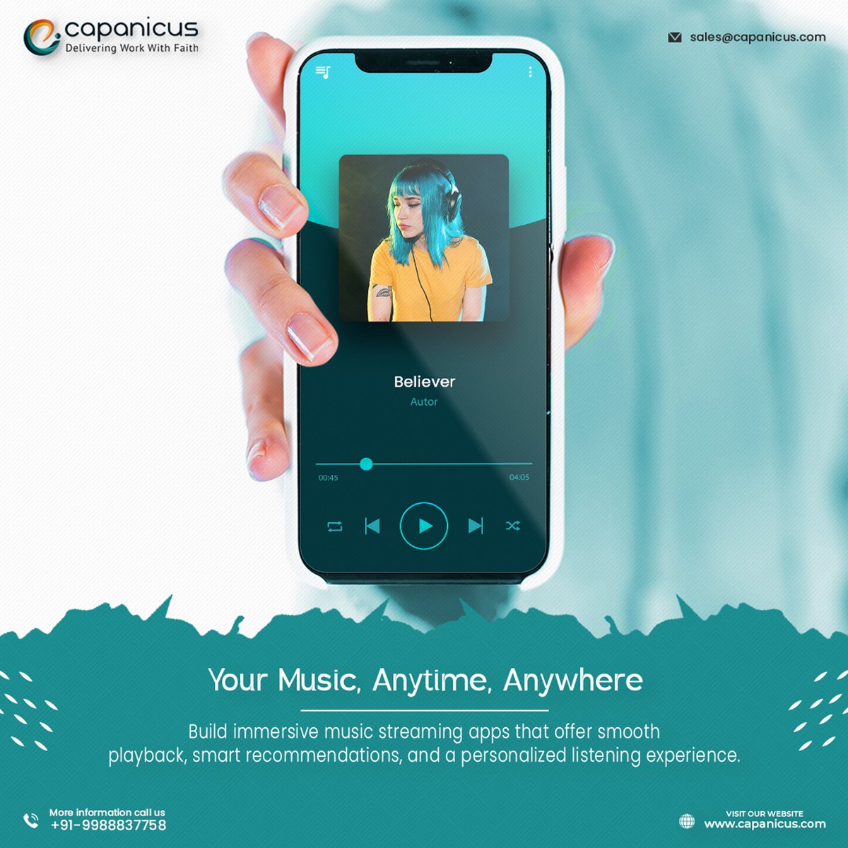 Capanicus's tweet image. 🎵𝐘𝐨𝐮𝐫 𝐌𝐮𝐬𝐢𝐜, 𝐀𝐧𝐲𝐭𝐢𝐦𝐞, 𝐀𝐧𝐲𝐰𝐡𝐞𝐫𝐞
Capanicus builds immersive music streaming apps with smooth playback, smart recommendations, and a personalized user experience.

#MusicAppDevelopment #MusicStreamingApp #AppDevelopment #Capanicus #CustomAppDevelopment