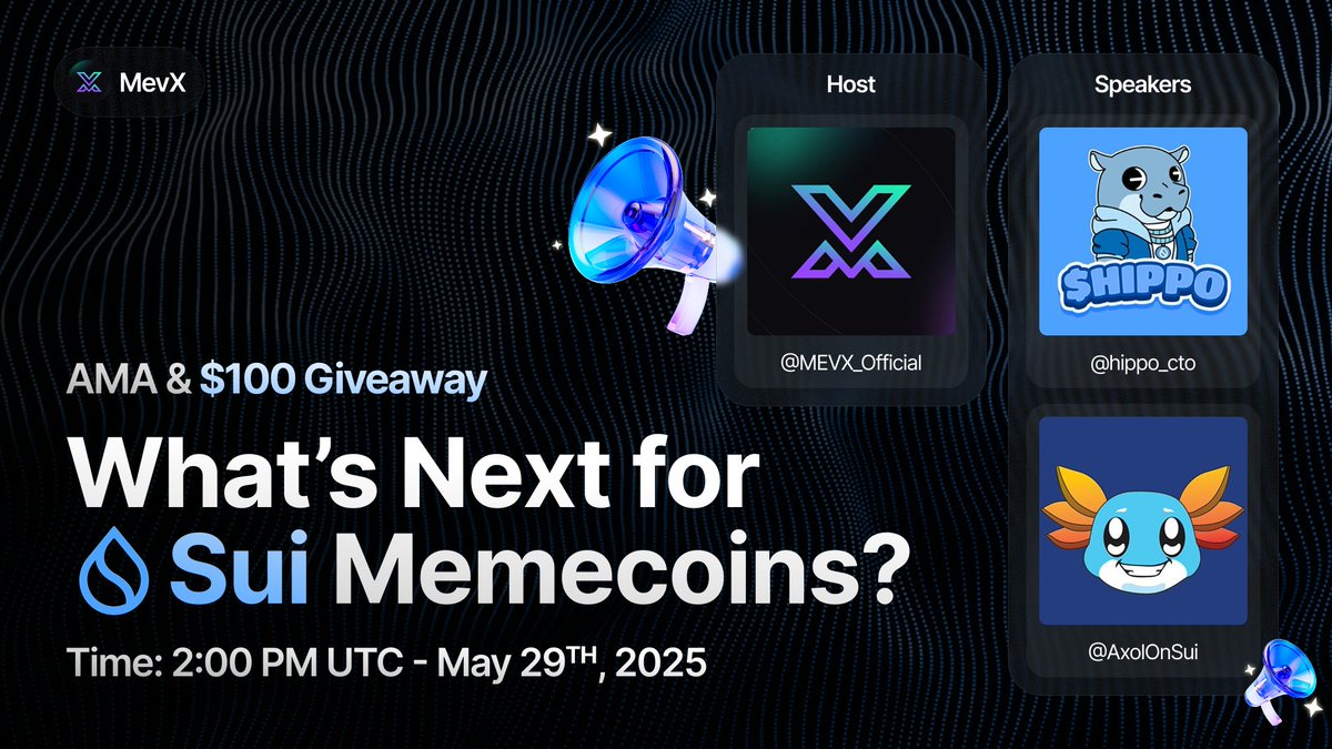 MEVX_Official's tweet photo. 🎙️ MevX x @hippo_cto x @AxolOnSui AMA - What’s Next for Sui Memecoins?

After a short delay, our AMA is back this Thursday to catch up on the latest from Sui’s meme projects as the dust settles from recent events.

🗓 Time: 2 PM UTC - Thursday, May 29
📍 Location: https://t.co/qkZFPPWqIY

🎤 Special Guests:
- @hippo_cto
- @AxolOnSui

Let’s talk updates, comebacks, and what’s ahead for the Sui meme scene!