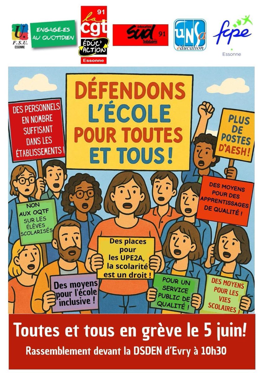 📣Le 5 juin, des moyens pour l’Éducation dans l’Essonne !  
📣Le 5 juin, face à l’austérité annoncée, défendons l’École publique pour toutes et tous !

🔴Rassemblement devant la DSDEN d’EVRY à 10h30🔴

#FCPE91 @CGTEducation91 <a href="/FsuNationale/">FSU</a> <a href="/SudEducation/">sudinternational</a>
@UNSA91