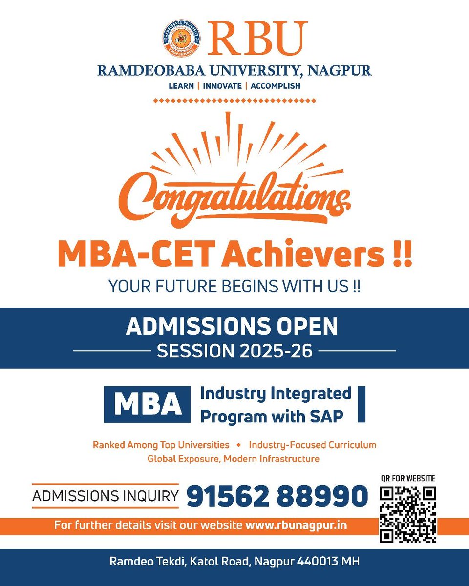 🎓 Congratulations MBA-CET Achievers!
Step into a future of possibilities at RBU, Nagpur.
Admissions open for MBA 2025–26.
Join an industry-integrated program with SAP, global exposure &amp; modern infrastructure.
Shape your success with RBU!