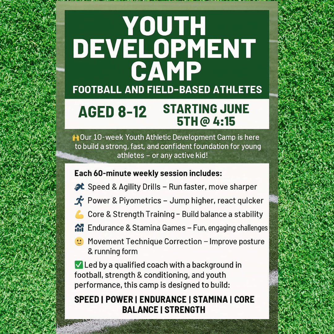 💥 YOUTH DEVELOPMENT CAMP 💥

⚽️ WE HAVE 6 SPOTS REMAINING ⚽️

🗓 START DATE : Thursday June 5th at 4:15 

Contact Darren at Sports Specific Performance on Instagram or Facebook
#youth #development #camp #football #gaa #fitness #power #speed #endurance #agility #sligo