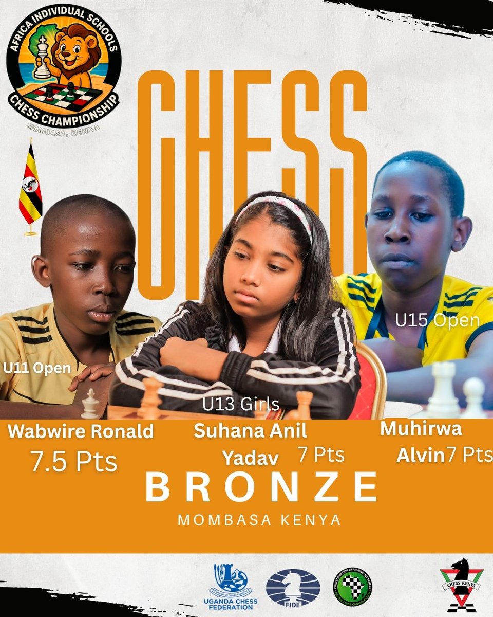 BaniBulletin's tweet image. 🥉 3 Bronze 
• U11 Open: Wabwire Ronald – 7.5 pts 

• U15 Open: Muhirwa Alvin – 7 pts 

• U13 Girls: Suhana Anil Yadav – 7 pts

👏 What a performance! 

#ChessUganda #AfricanSchools2025 #Mombasa2025 #YouthInChess