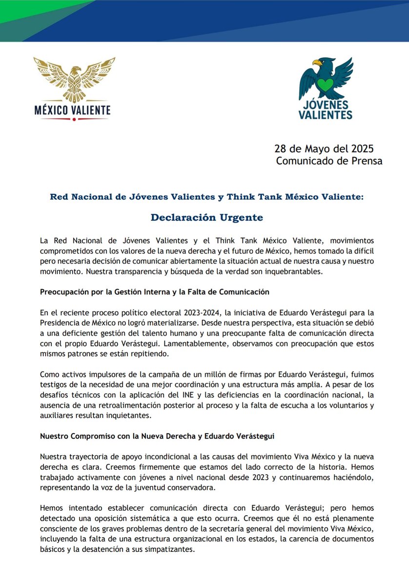 Valientes_mx's tweet photo. Les compartimos que tomar la decisión de publicar éste comunicado fue una decisión muy difícil, pero consideramos que tenemos que ser muy abiertos, sinceros y hablar con la verdad de lo que está sucediendo con nuestra causa de la #NuevaDerecha y su materialización política en MX. https://t.co/dTx1gDYKkU