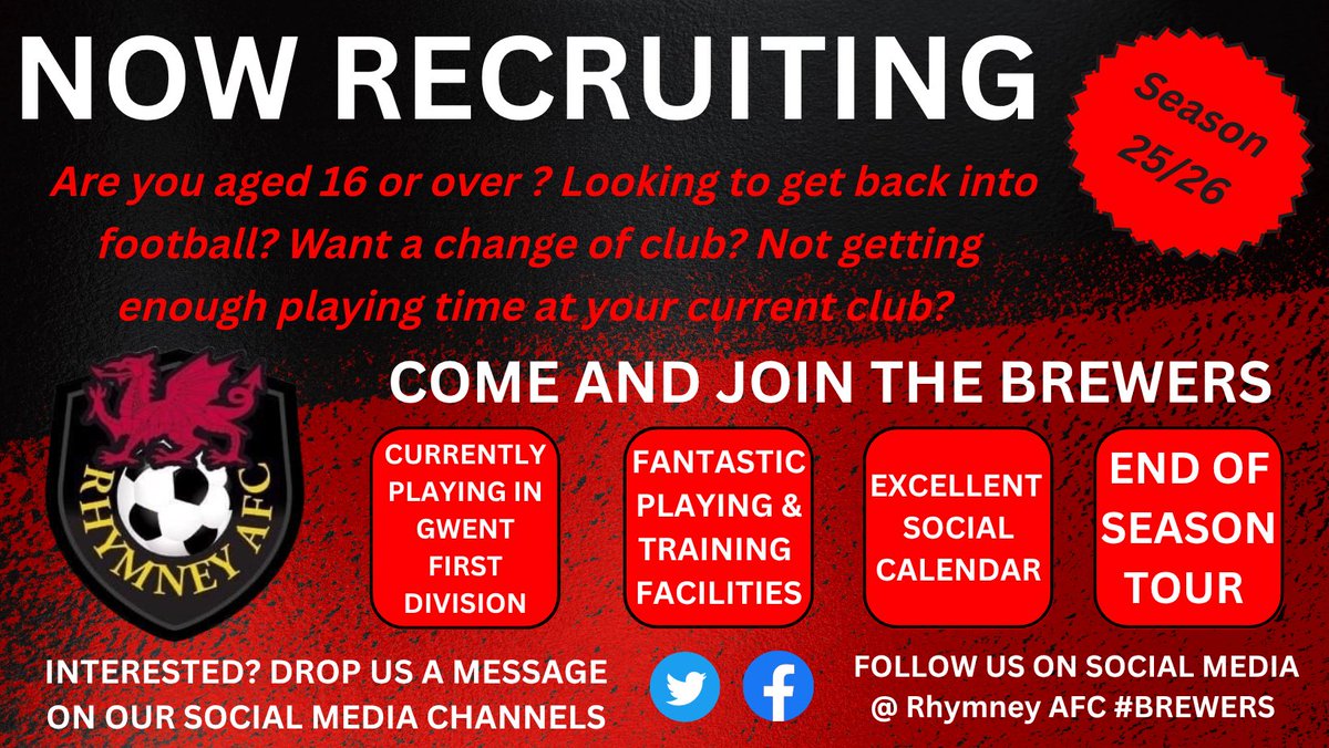 As the 2025/26 season is fast approaching we are on the look out for new players to join our existing squad of players. Interested? Drop us a message on our social media channels. Come and join the #Brewers 🔴⚫️⚽️