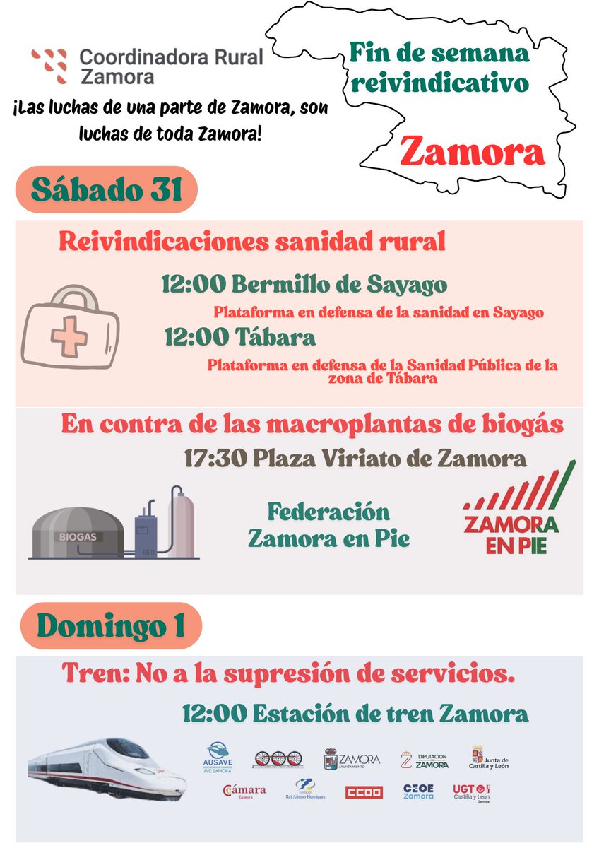 Fin de semana reivindicativo en #Zamora

🏥 por una mejor sanidad rural en Bermillo y Tábara

🏭 en Zamora en contra de las macroplantas de biogás

🚅 en Zamora por la supresión de trenes de alta velocidad

Participa

¡Las luchas de una parte de Zamora, son luchas de toda Zamora!