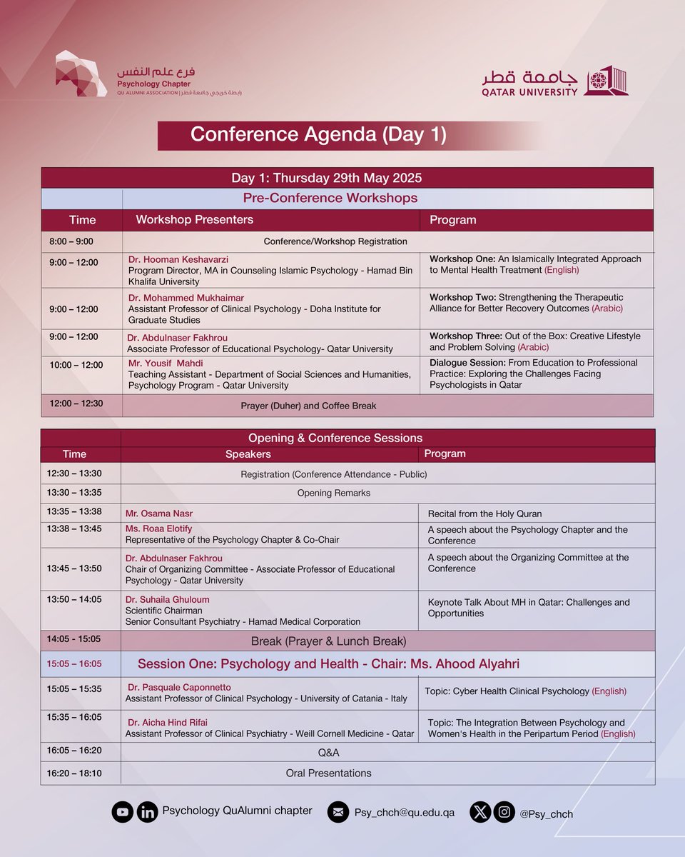 Psy_chch's tweet photo. We are pleased to present to you the official agenda for the First Conference of the Psychology Chapter at the Qatar University Alumni Association,

entitled: Integration Between Psychology and Other Sciences.

We wish you moments filled with inspiration and knowledge.

Be there! https://t.co/Ci3gzJBb84