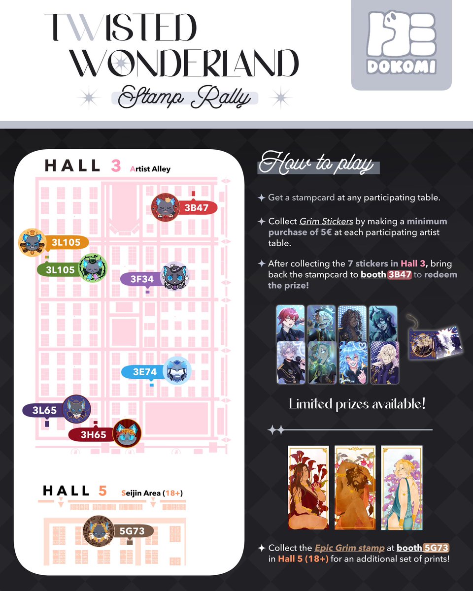 Ayumisaurus's tweet image. Heya! I’m hosting a Twisted Wonderland stamp rally with some friends next week at Dokomi! 👁️👁️✨

Come and join us to get exclusive prizes! 🙌💗

#Dokomi #ArtistsofDokomi2025