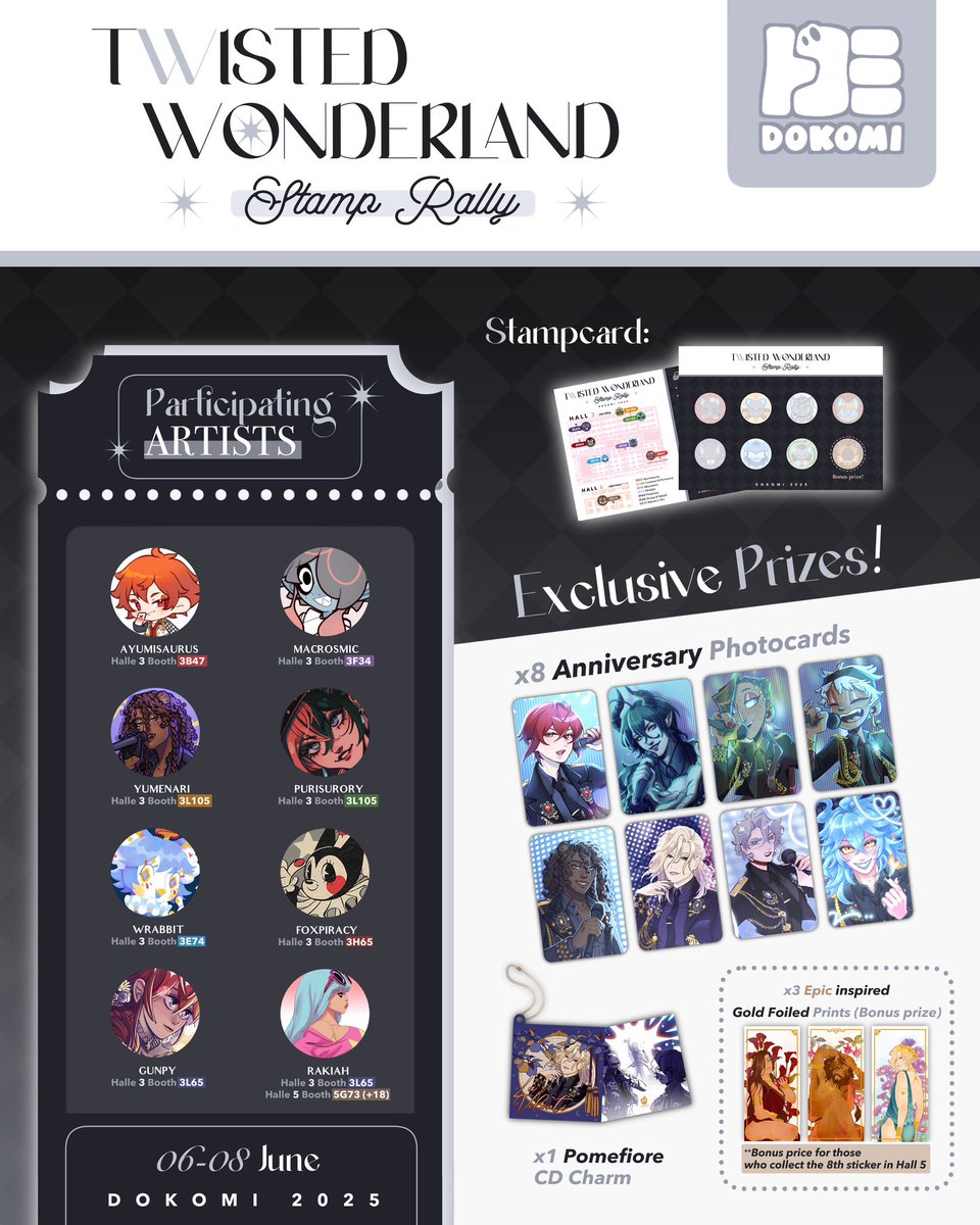 Ayumisaurus's tweet image. Heya! I’m hosting a Twisted Wonderland stamp rally with some friends next week at Dokomi! 👁️👁️✨

Come and join us to get exclusive prizes! 🙌💗

#Dokomi #ArtistsofDokomi2025