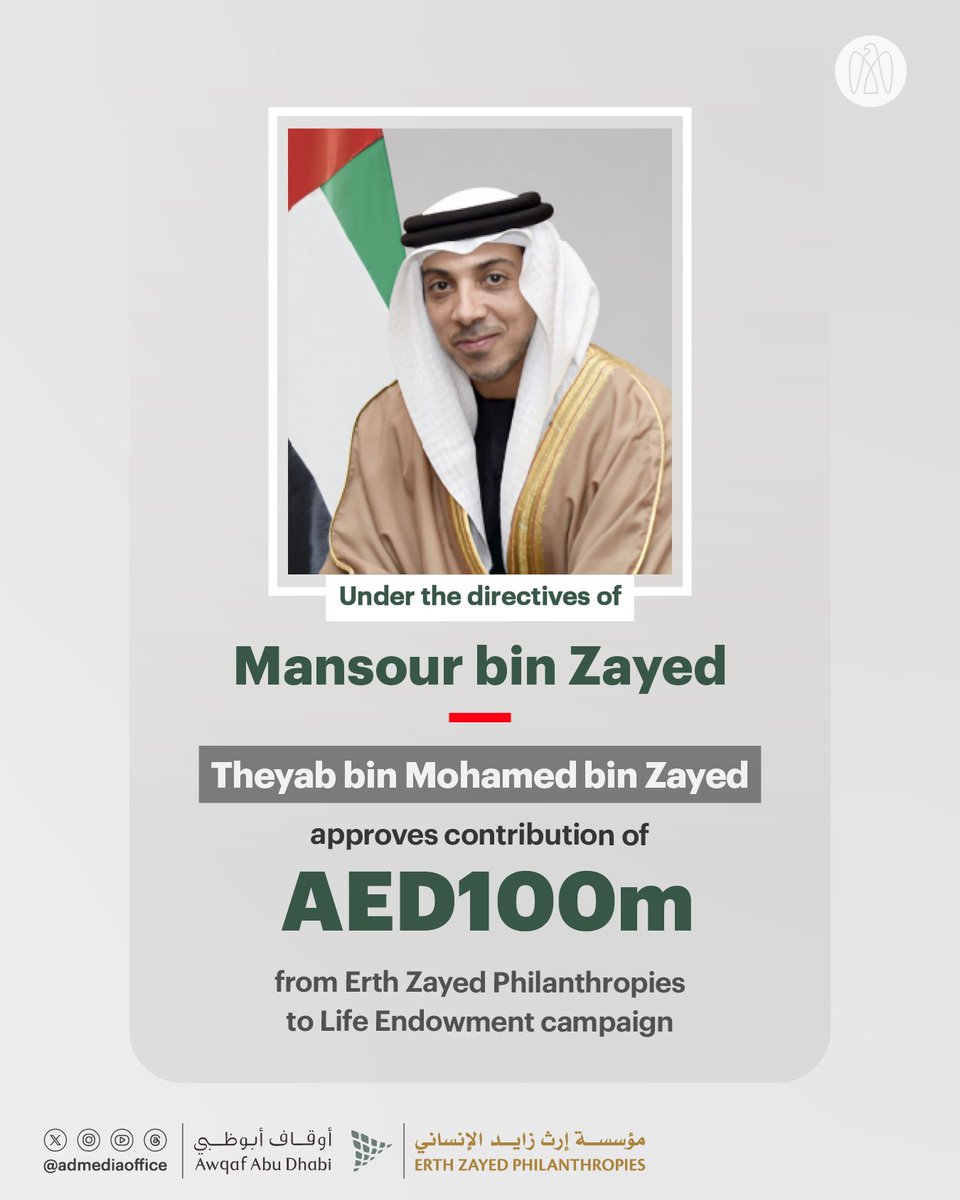 مكتب أبوظبي الإعلامي (@admediaoffice) on Twitter photo Under the directives of Mansour bin Zayed… Theyab bin Mohamed bin Zayed has approved the contribution of AED100m from Erth Zayed Philanthropies to the <a href="/adawqaf/">Endowments and Minors Funds Authority</a> Life Endowment campaign, which supports people with chronic diseases, covering treatment costs for the most vulnerable. Under the directives of Mansour bin Zayed… Theyab bin Mohamed bin Zayed has approved the contribution of AED100m from Erth Zayed Philanthropies to the <a href="/adawqaf/">Endowments and Minors Funds Authority</a> Life Endowment campaign, which supports people with chronic diseases, covering treatment costs for the most vulnerable.