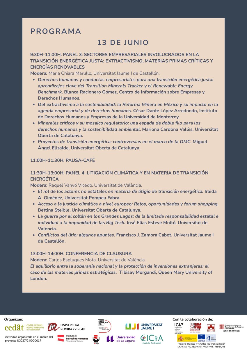 Daniel Iglesias Márquez (@daniel_iglemar) on Twitter photo 📢Save the date!
🌍 Congreso Internacional | Retos de la transición energética: derechos humanos y conducta empresarial responsable
📅 12 y 13 de junio
📍 Facultat de Dret - Universitat de València
<a href="/CEDATURV/">CEDAT</a> <a href="/Estrellast3/">Estrella del Valle Calzada</a> <a href="/IDHUV/">Instituto de Derechos Humanos UV</a>
🔗 Inscríbete aquí: docs.google.com/forms/d/e/1FAI… 📢Save the date!
🌍 Congreso Internacional | Retos de la transición energética: derechos humanos y conducta empresarial responsable
📅 12 y 13 de junio
📍 Facultat de Dret - Universitat de València
<a href="/CEDATURV/">CEDAT</a> <a href="/Estrellast3/">Estrella del Valle Calzada</a> <a href="/IDHUV/">Instituto de Derechos Humanos UV</a>
🔗 Inscríbete aquí: docs.google.com/forms/d/e/1FAI…