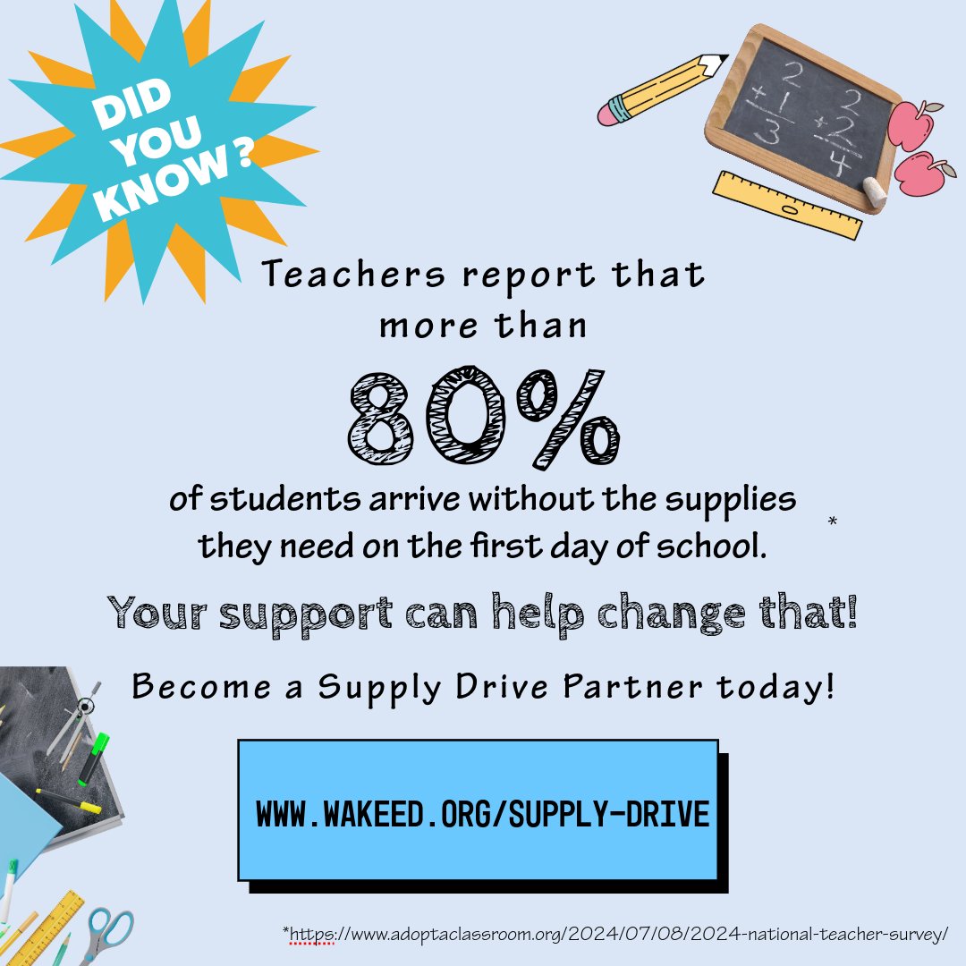 WakeEd PARTNERSHIP (@wakeedpa) on Twitter photo School’s out soon, and that means it’s time to stock up for #Tools4Schools! 📦
From July 9–Aug 22, we’re collecting supplies for our free store for <a href="/WCPSS/">Wake County Public School System</a> teachers. Help out by hosting a drive or drop-off box!
Learn more ➡️ wakeed.org/supply-drive/ School’s out soon, and that means it’s time to stock up for #Tools4Schools! 📦
From July 9–Aug 22, we’re collecting supplies for our free store for <a href="/WCPSS/">Wake County Public School System</a> teachers. Help out by hosting a drive or drop-off box!
Learn more ➡️ wakeed.org/supply-drive/