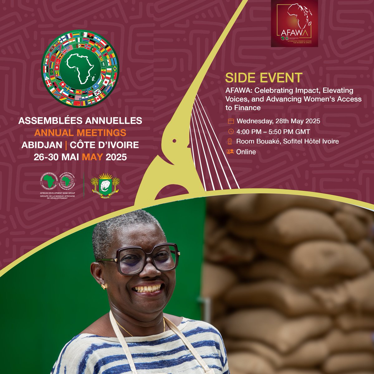STARTING SOON at #AfDBAM2025

Affirmative Finance Action for Women in Africa (#AFAWA): Celebrating Impact, Elevating Voices, and Advancing Women's Access to Finance

📍  Salle Bouake, Sofitel Abidjan Hotel Ivoire  
▶️  bit.ly/3HcJZoE EN
▶️  bit.ly/3FrV9FD FR