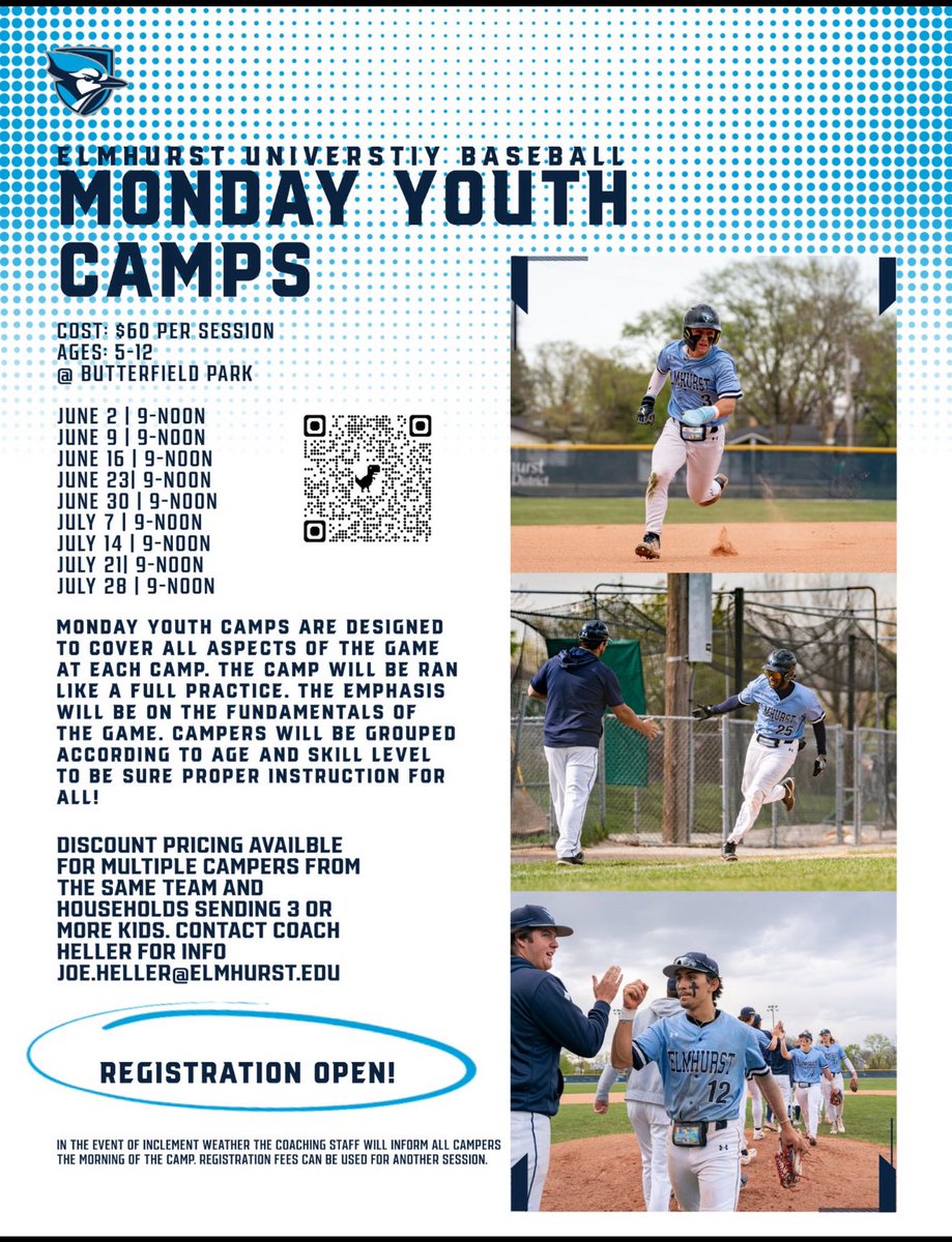 Elmhurst University Baseball (@elmhurstu_bsb) on Twitter photo It’s still not too late to sign up for our Monday morning youth camps! First one is next week!
tinyurl.com/ElmUmbamyc It’s still not too late to sign up for our Monday morning youth camps! First one is next week!
tinyurl.com/ElmUmbamyc
