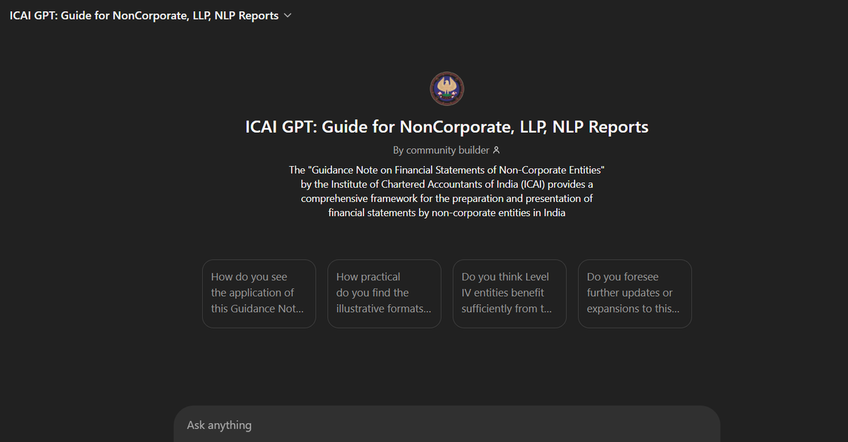 akhilpachori's tweet photo. AI in ICAI launches the AI powered ICAI GPT: Guide for Non Corporate, LLP, NPOs

Designed to simplify the preparation and presentation of financial statements for:

✅ Non-Corporate Entities
✅ LLPs
✅ NPOs 
🔗 Explore now: https://t.co/tA4WqzMdx2

@AIinICAI #ICAI https://t.co/A3CSWk511e