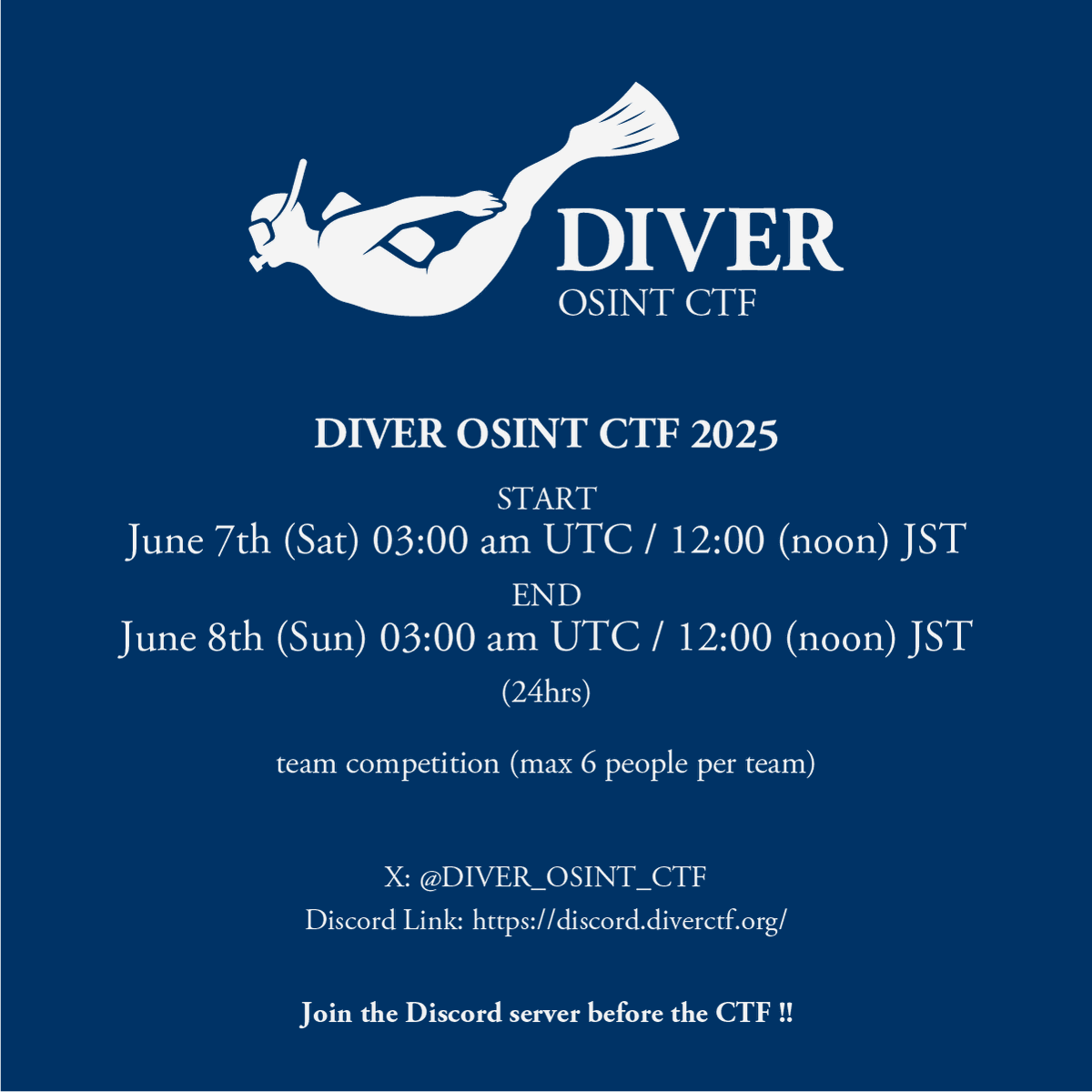 "DIVER OSINT CTF 2025" will be held from 7 to 8 June. The competition lasts 24 hours and is a team competition with a maximum of 6 people per team.

1 week to go!
Join the Discord before the CTF!
discord.diverctf.org

 #CTF
