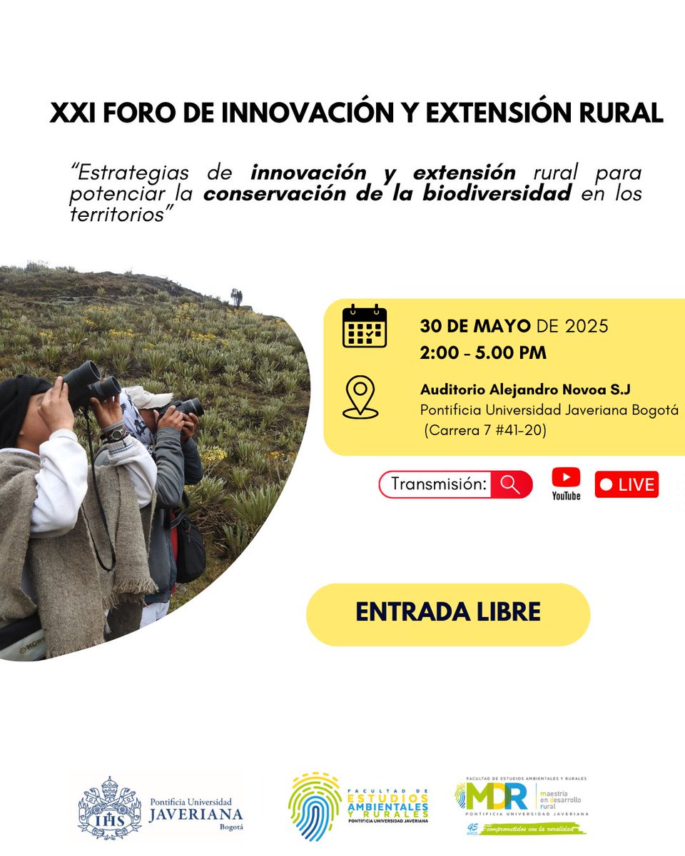 [🚨AGÉNDESE] Este viernes a las 2:pm hablaremos sobre #ConservacionBiodiversidad y #ExtensiónRural en <a href="/UniJaveriana/">Pontificia Universidad Javeriana</a>. Seguimos celebrando los 45 años de #Maestría en #DesarrolloRural. Entrada libre