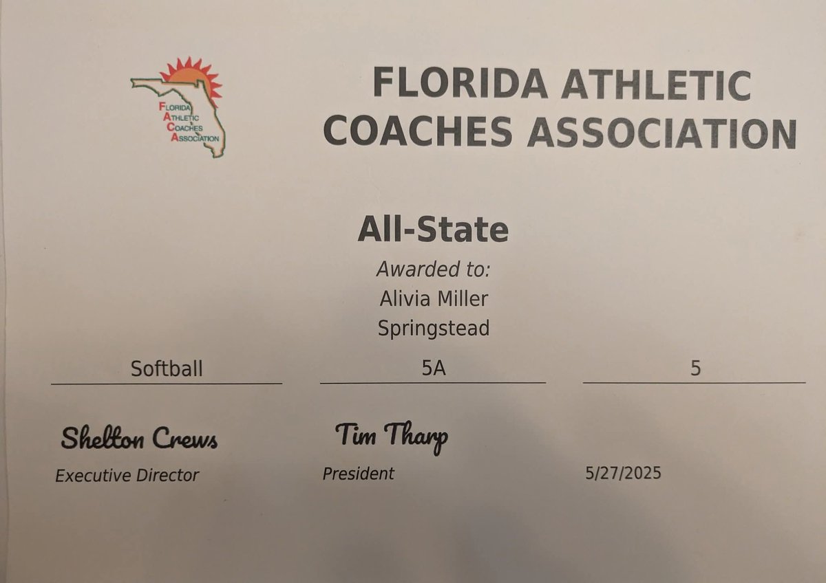 Alivia Miller (@alivmiller2027) on Twitter photo Thank you FACA (Florida Athletic Coaches Association) for the honor of selecting me for 5a All-State softball.
<a href="/FACACoach/">FACA</a>
<a href="/Springstead_Ath/">Springstead Athletics</a>
<a href="/MambaFastpitch/">Mamba Fastpitch</a> Thank you FACA (Florida Athletic Coaches Association) for the honor of selecting me for 5a All-State softball.
<a href="/FACACoach/">FACA</a>
<a href="/Springstead_Ath/">Springstead Athletics</a>
<a href="/MambaFastpitch/">Mamba Fastpitch</a>