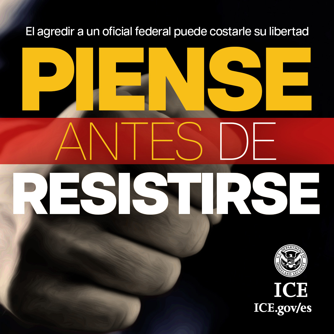 ICEespanol's tweet photo. 🚨 ADVERTENCIA: ¡El agredir a un oficial del ICE es un delito federal grave! 🚨

Cualquier persona —independientemente de su estatus migratorio— que agreda a un oficial del ICE enfrentará cargos federales por delitos graves de agresión y será procesada con todo el peso de la ley. https://t.co/AqV4rfVL9a