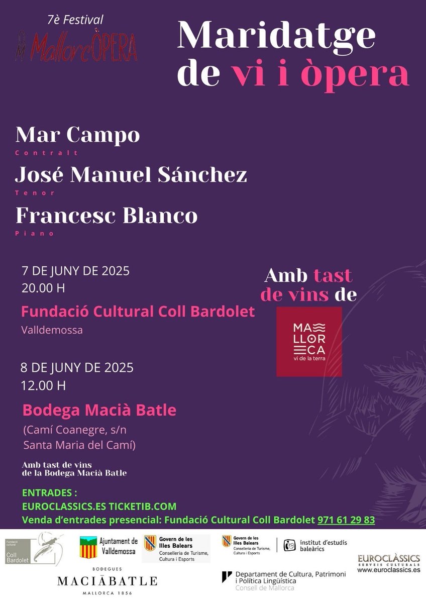 El pròxim 7 de juny a les 20.00 h tendrà lloc a la Fundació el maridatge de vi i òpera de la mà de Mar Campo, José Manuel Sánchez i Francesc Blanco (piano). No us ho perdeu!🍷

 🗓️Dissabte 7 de juny - 20.00 h
 🎟️Donatiu: 20€
 📲Reserves al 971 61 29 83 o info@fccollbardolet.org