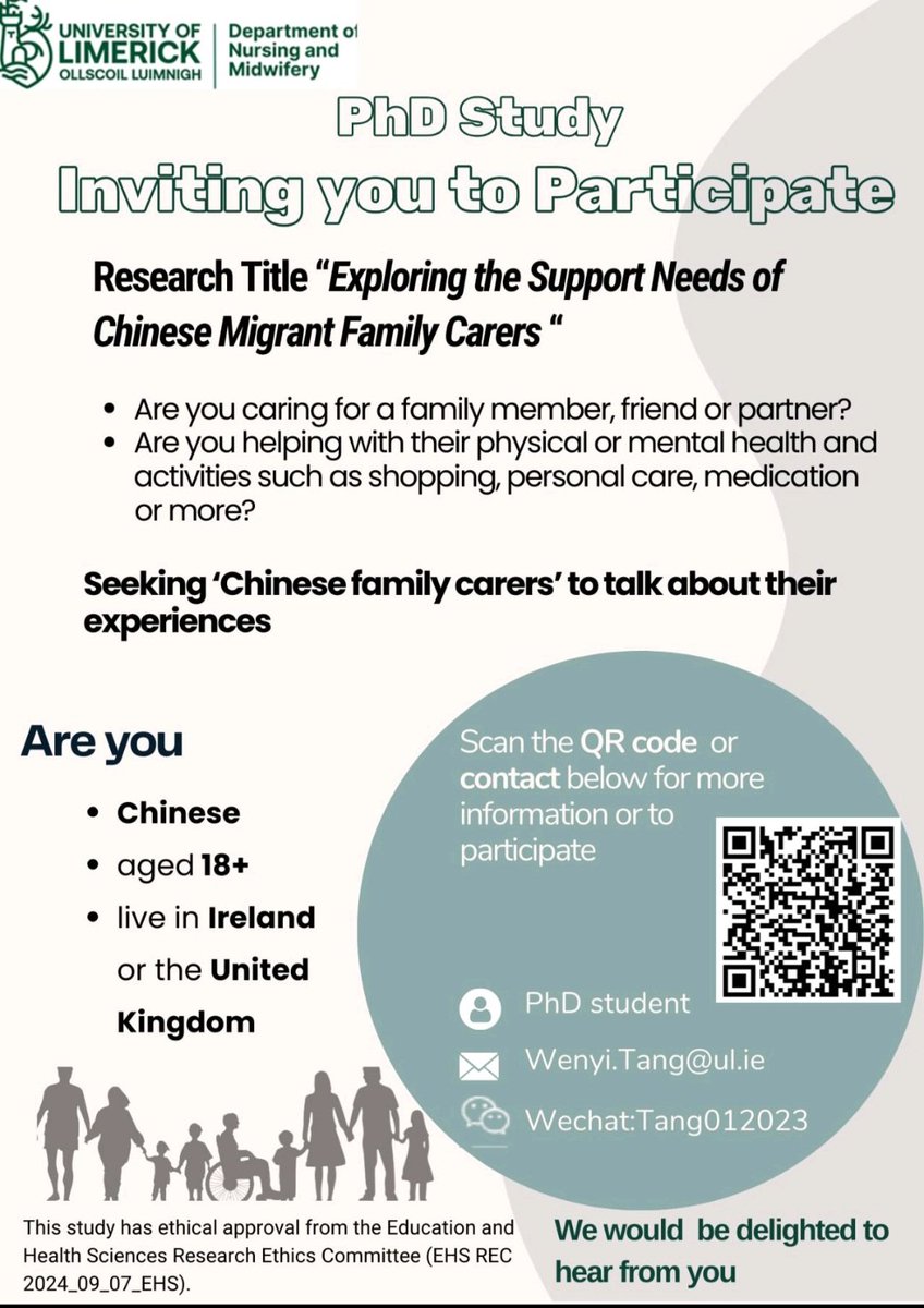 IAmCharlene (@iamcharlene_me) on Twitter photo 📣Calling all Chinese Family Carers in the UK and Ireland📣
Share your experiences to help shape better support services 👥
📧: Contact Wenji Tang - wenji.tang@ul.ie
‼️Please share to your networks‼️ 📣Calling all Chinese Family Carers in the UK and Ireland📣
Share your experiences to help shape better support services 👥
📧: Contact Wenji Tang - wenji.tang@ul.ie
‼️Please share to your networks‼️