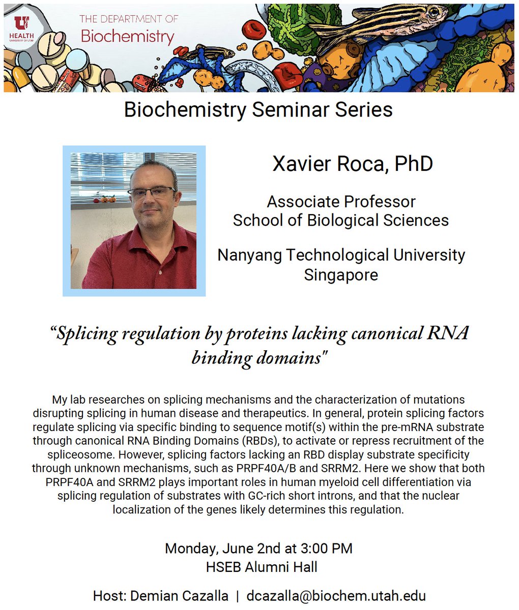 UofUBiochem's tweet image. Dr. Xavier Roca (Nanyang Technological University, Singapore) will give a talk entitled "Splicing regulation by proteins lacking canonical RNA binding domains" on Monday June 2nd at 3pm in HSEB Alumni Hall!
