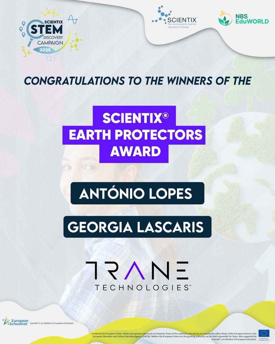 scientix_eu's tweet image. 🌍 Announcing the winners of the #Scientix Earth Protectors Award! 🎉
👏 António Lopes and Georgia Lascaris
✨ Supported by @Trane_Tech, co-organised with @NBS_EduWORLD & Scientix
🏆 Explore all the #ScientixAwards winners 👉 bit.ly/scx_awards