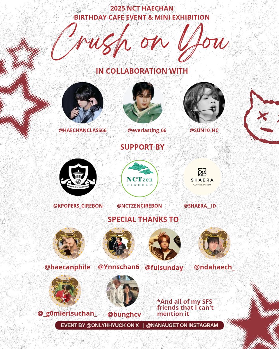 onlyhhyuck's tweet photo. 2025 Haechan Birthday Cafe &amp; Mini Exhibiton

「 𝑪𝒓𝒖𝒔𝒉 𝒐𝒏 𝒚𝒐𝒖 」

☆ in collaboration with ☆
@HAECHANCLASS66 x @everlasting_66 × @SUN10_HC 

Support by 
@ kpoperscirebon_
@ nctzencirebon
@ shaera__id

#CrushOnYou_Haechan
#OurSuperstarHaechanDay https://t.co/62y5ZRIKca